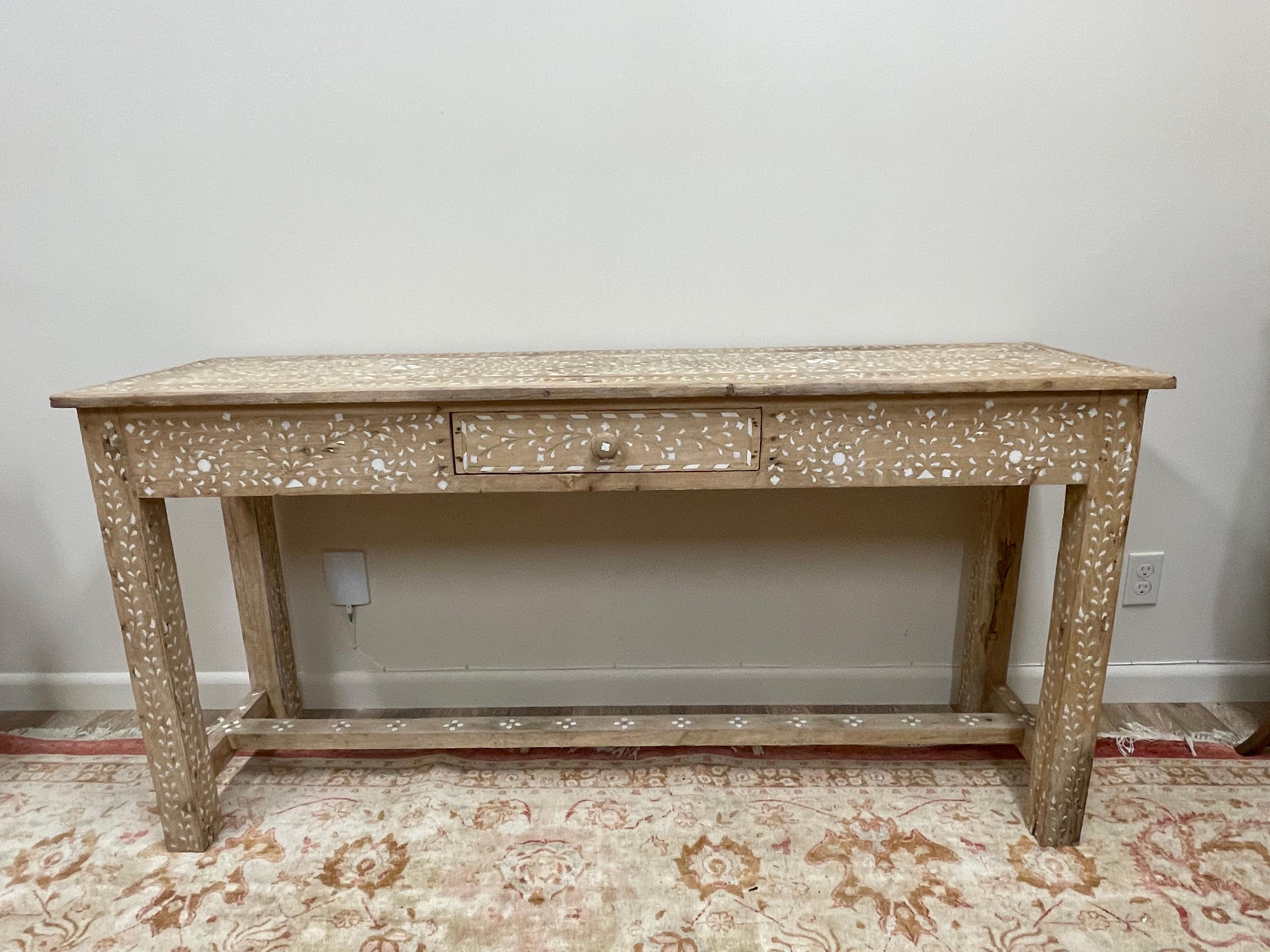Wonderful bleached wood and bone inlaid console table with one drawer.
