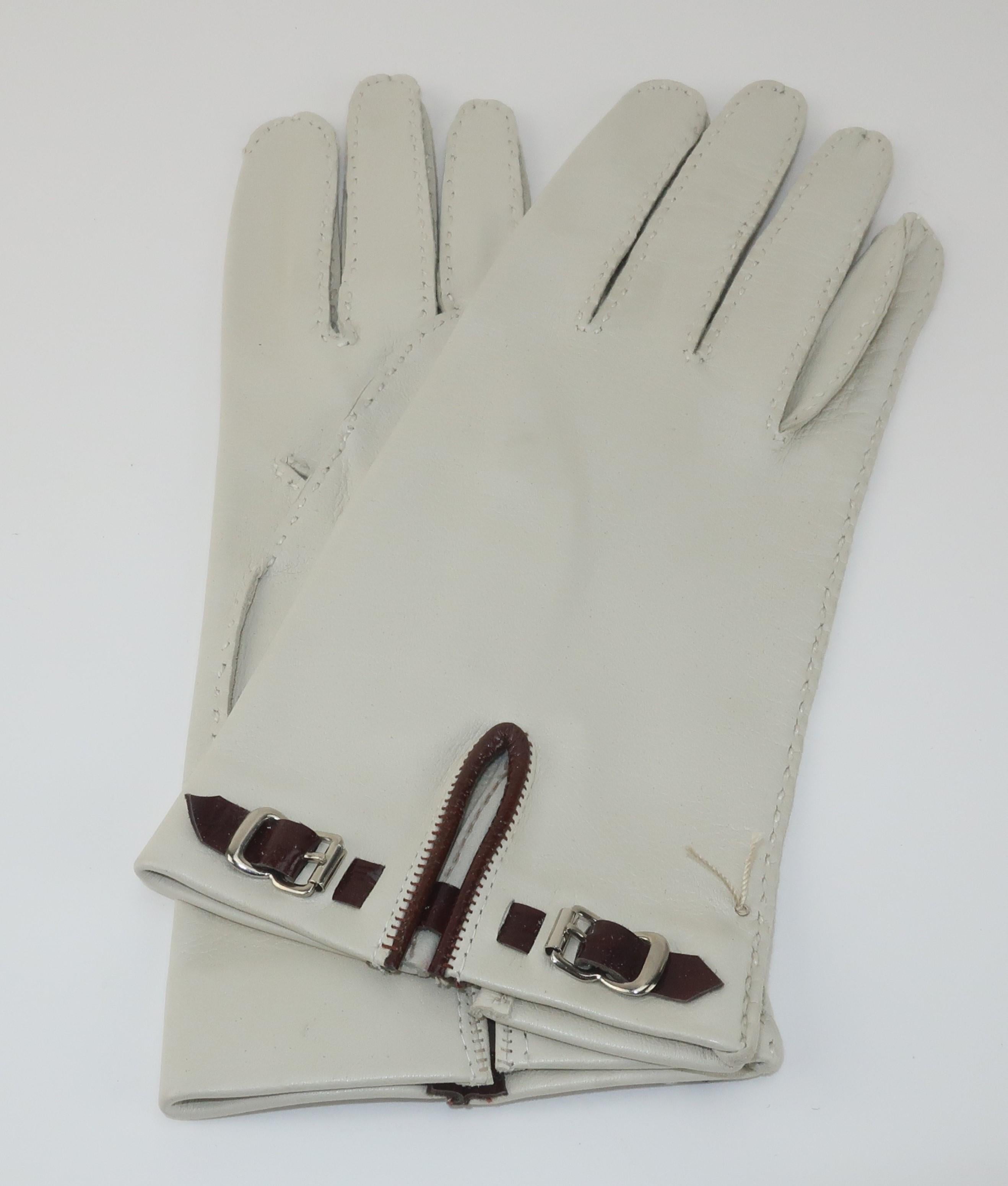 Gray Vintage Bone Leather Gloves With Buckle Accents For Sale