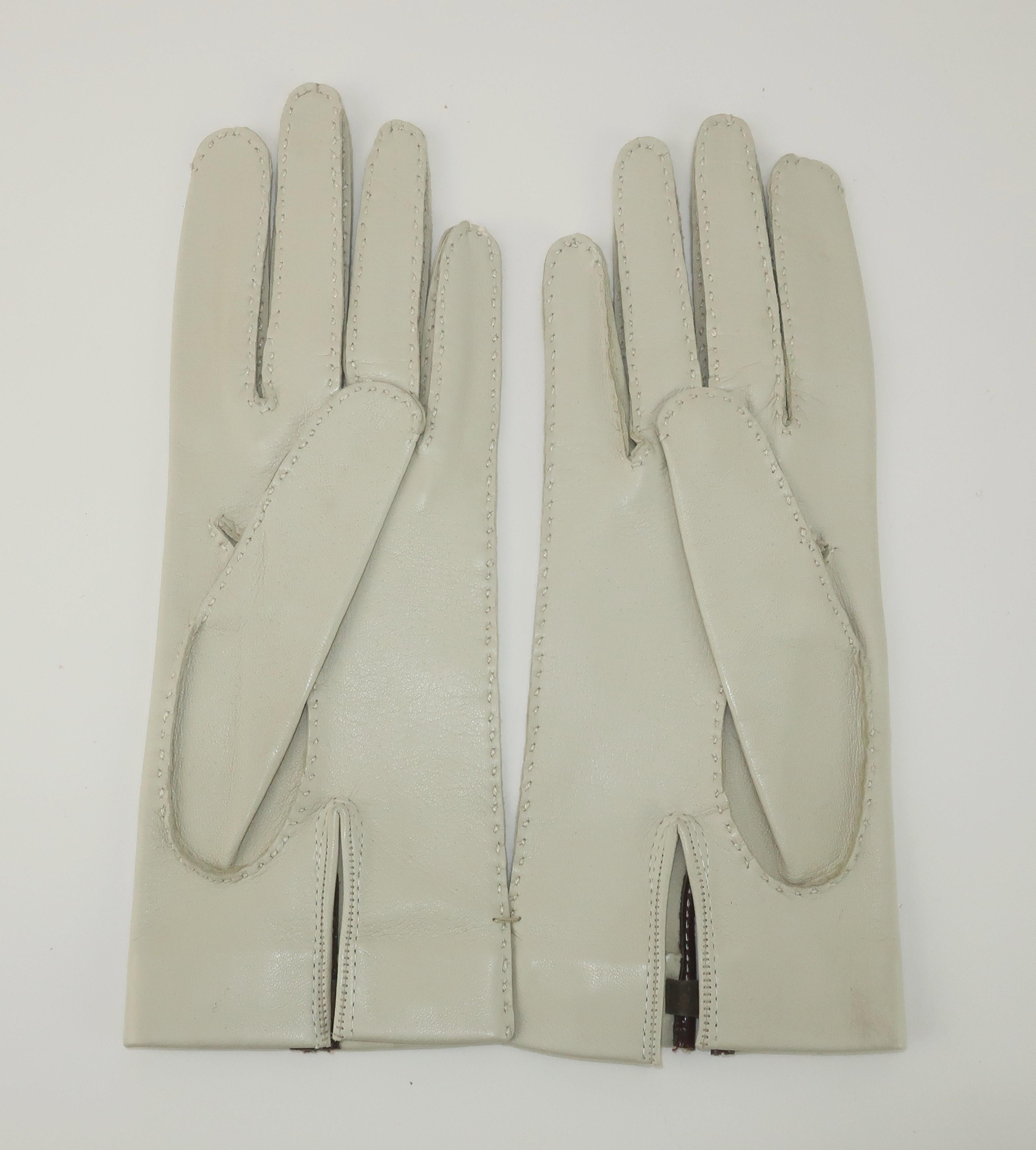 Vintage Bone Leather Gloves With Buckle Accents For Sale 1