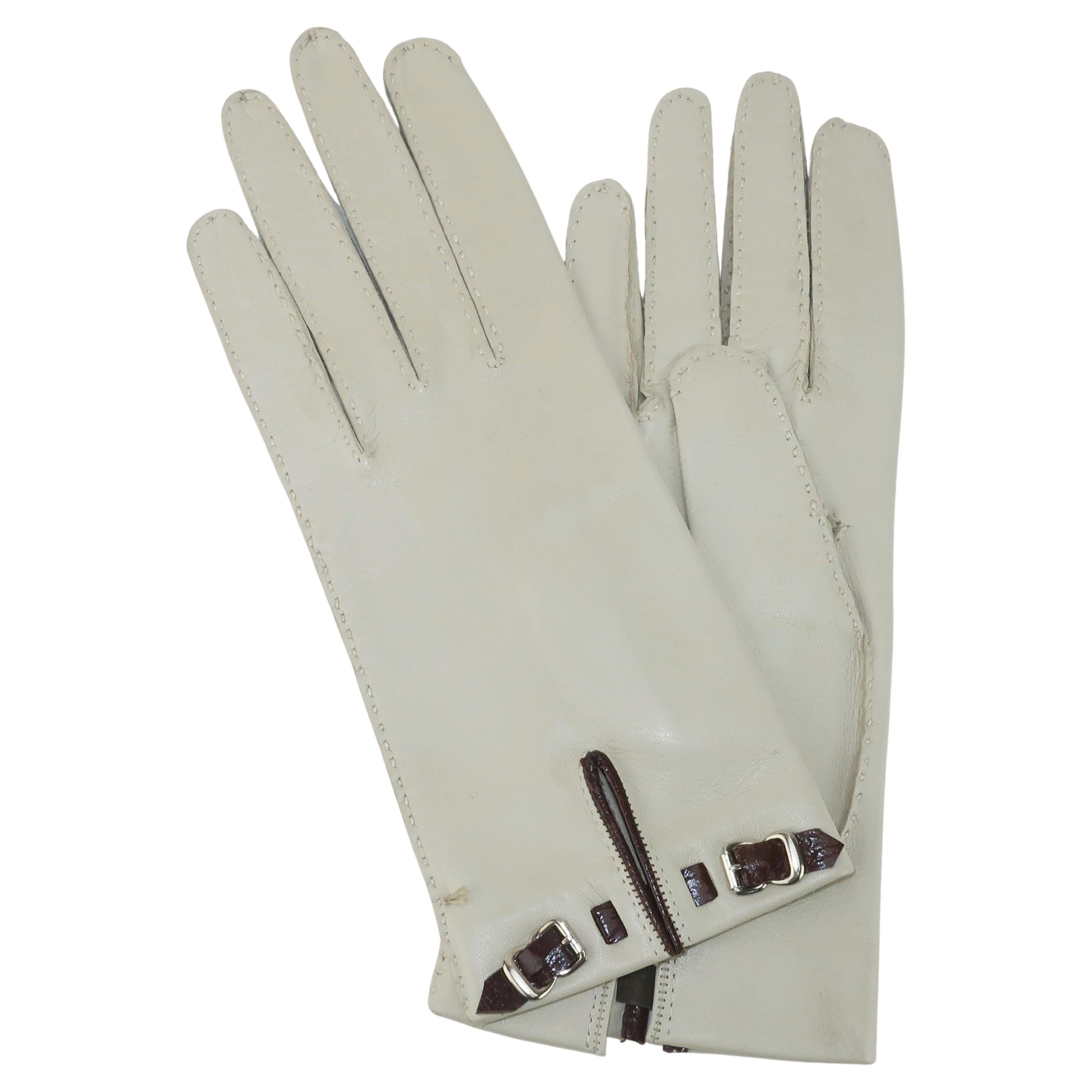 Vintage Bone Leather Gloves With Buckle Accents