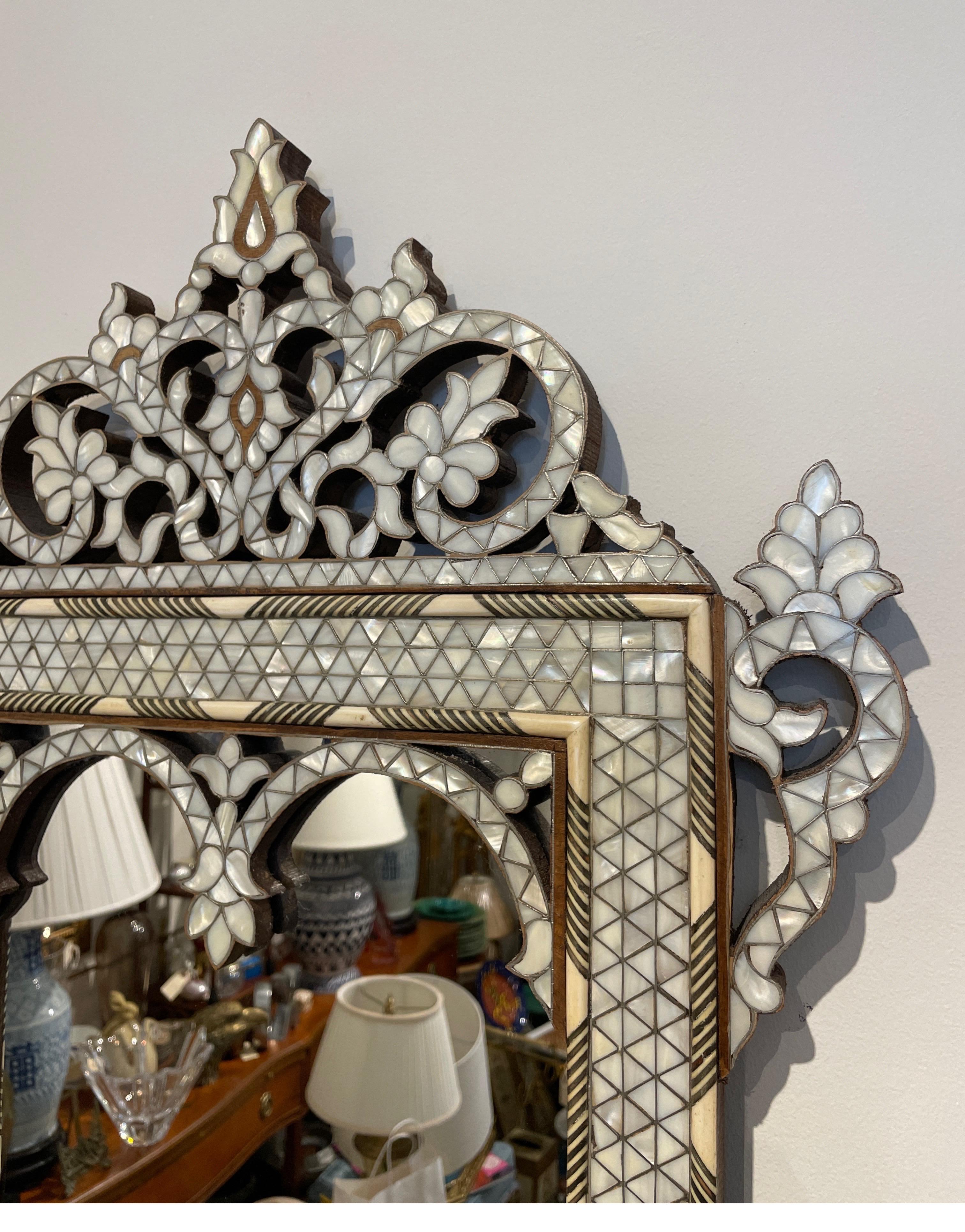 Vintage Bone & Mother of Pearl Inlaid Moroccan Mirror In Good Condition In West Palm Beach, FL