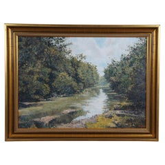 Vintage Bonilla Impressionist Riverscape Landscape Oil Painting on Canvas 27"