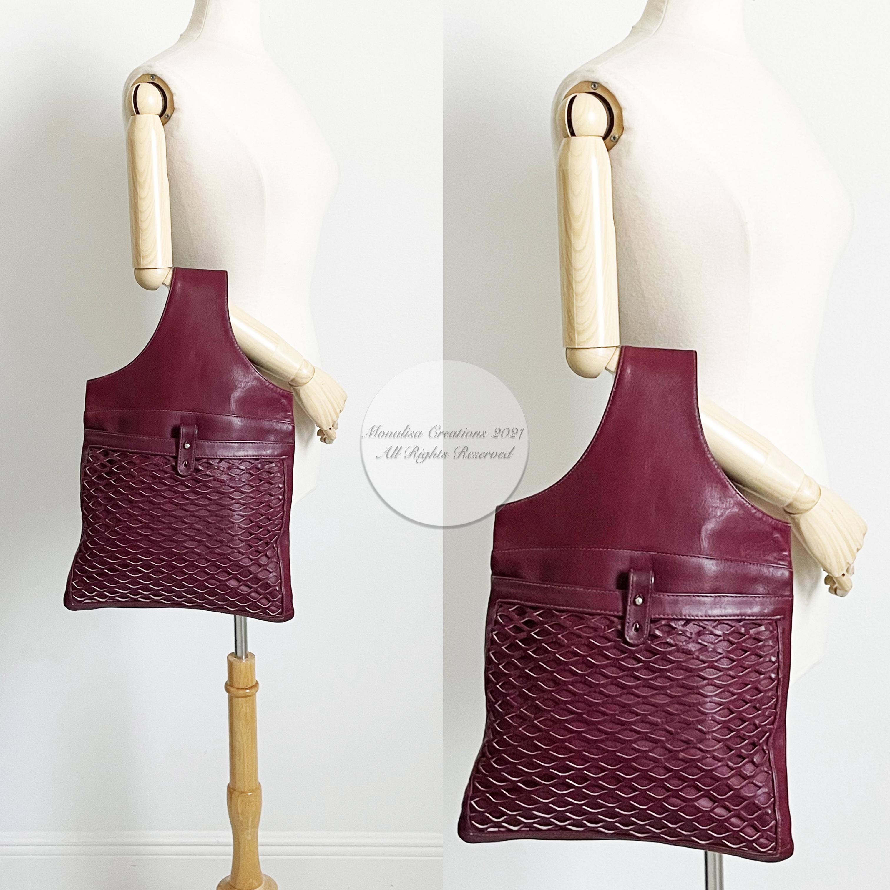 Women's or Men's Vintage Bonnie Cashin Burgundy Leather Sling Bag Tote Basket Weave Pocket Rare