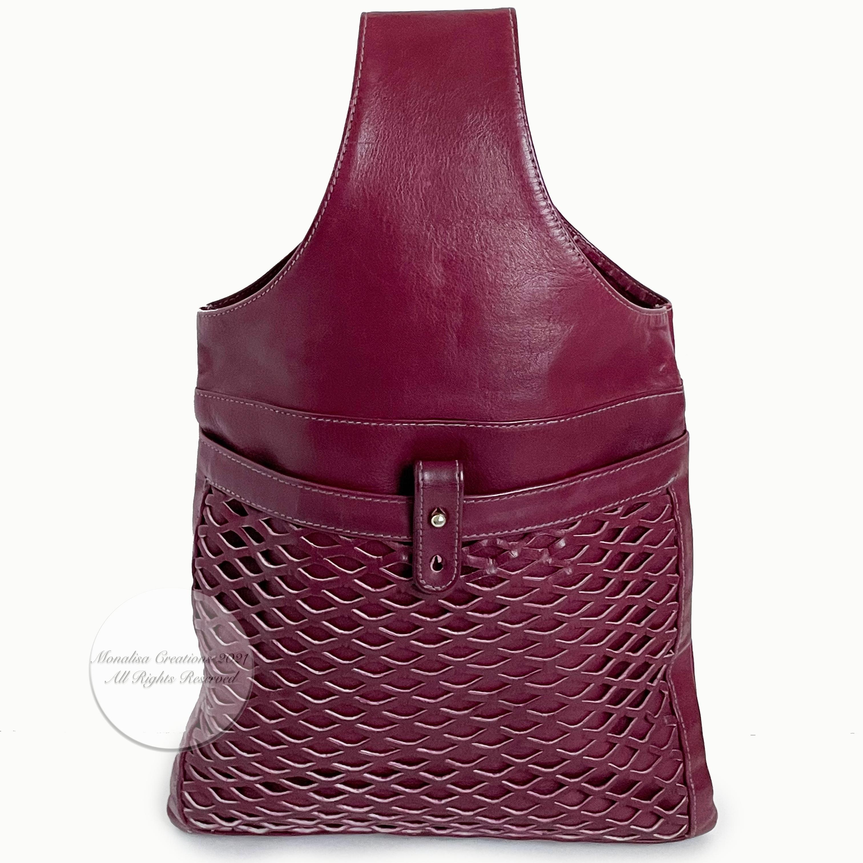Vintage Bonnie Cashin Burgundy Leather Sling Bag Tote Basket Weave Pocket Rare 2