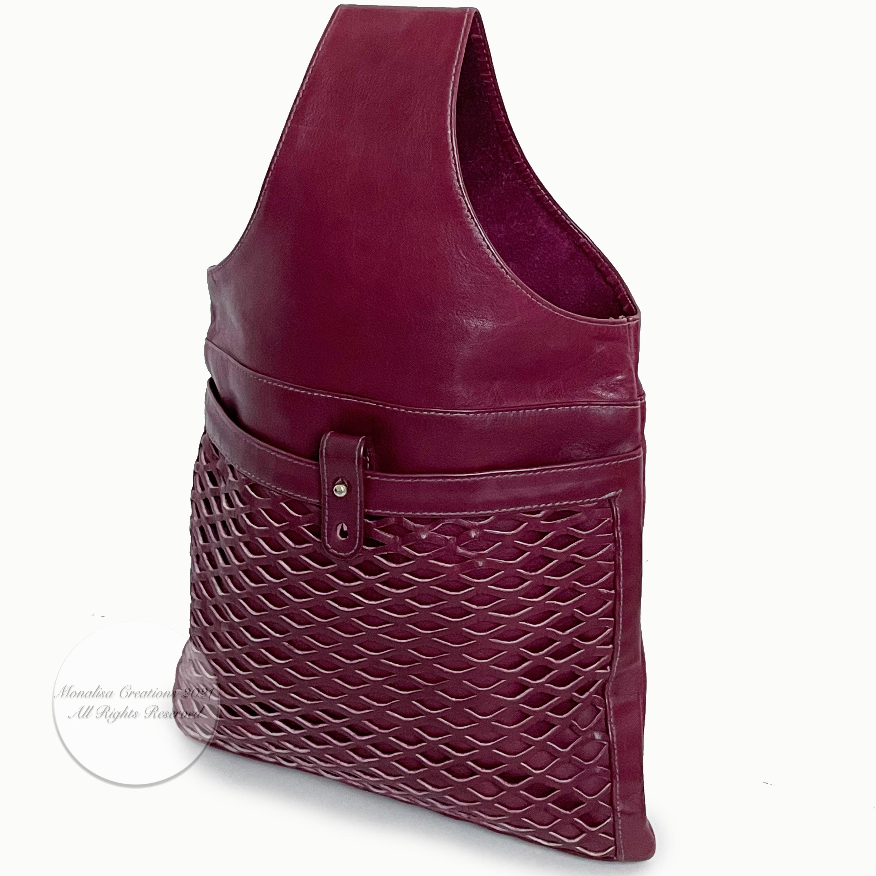 Vintage Bonnie Cashin Burgundy Leather Sling Bag Tote Basket Weave Pocket Rare 3