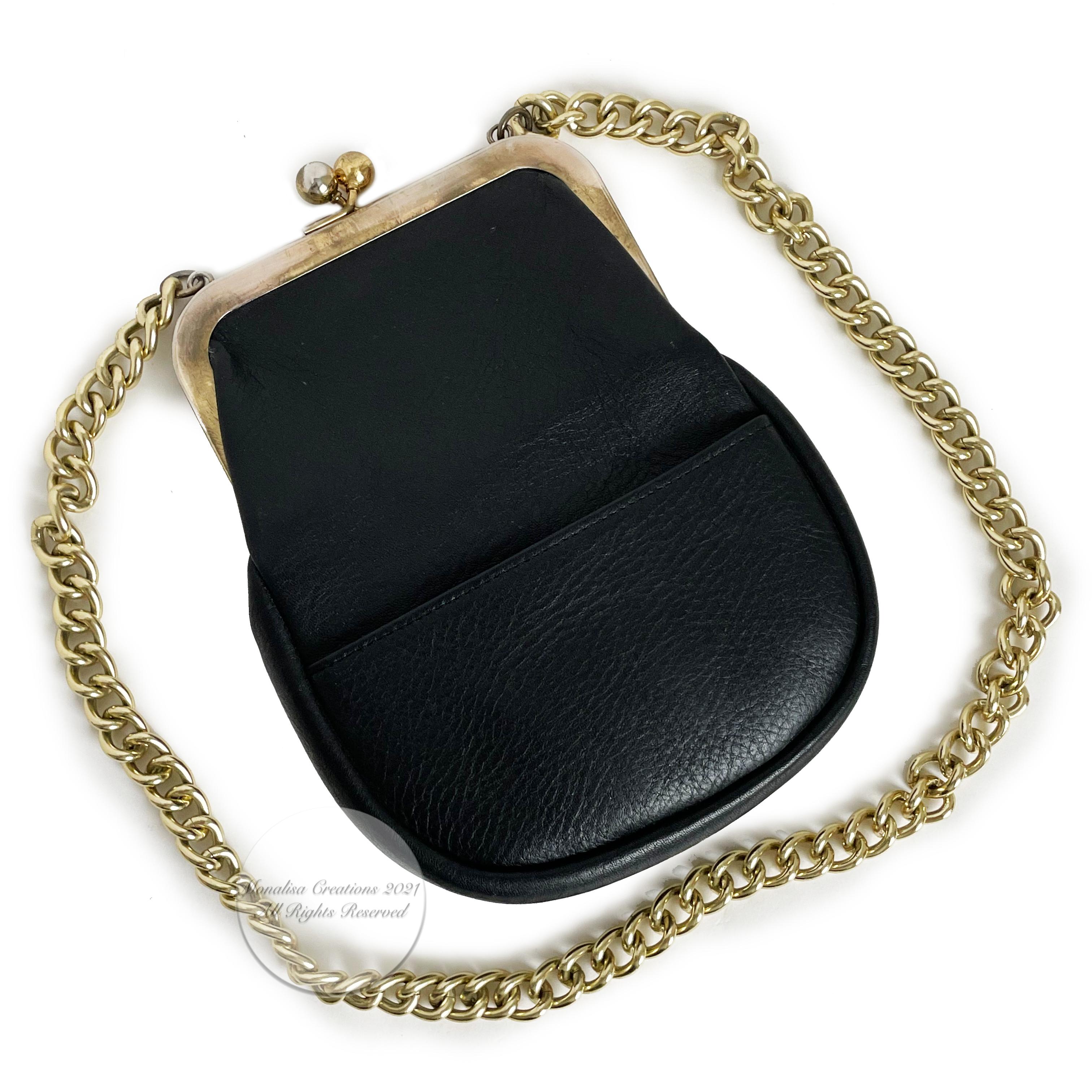Authentic, preowned, vintage 60s Bonnie Cashin for Coach 'Cashin Carry' kiss lock evening bag with gilt chain strap. Black leather exterior w/1 slip pocket, lined in Bonnie's signature stripe fabric. Kiss lock main compartment w/striped fabric-lined