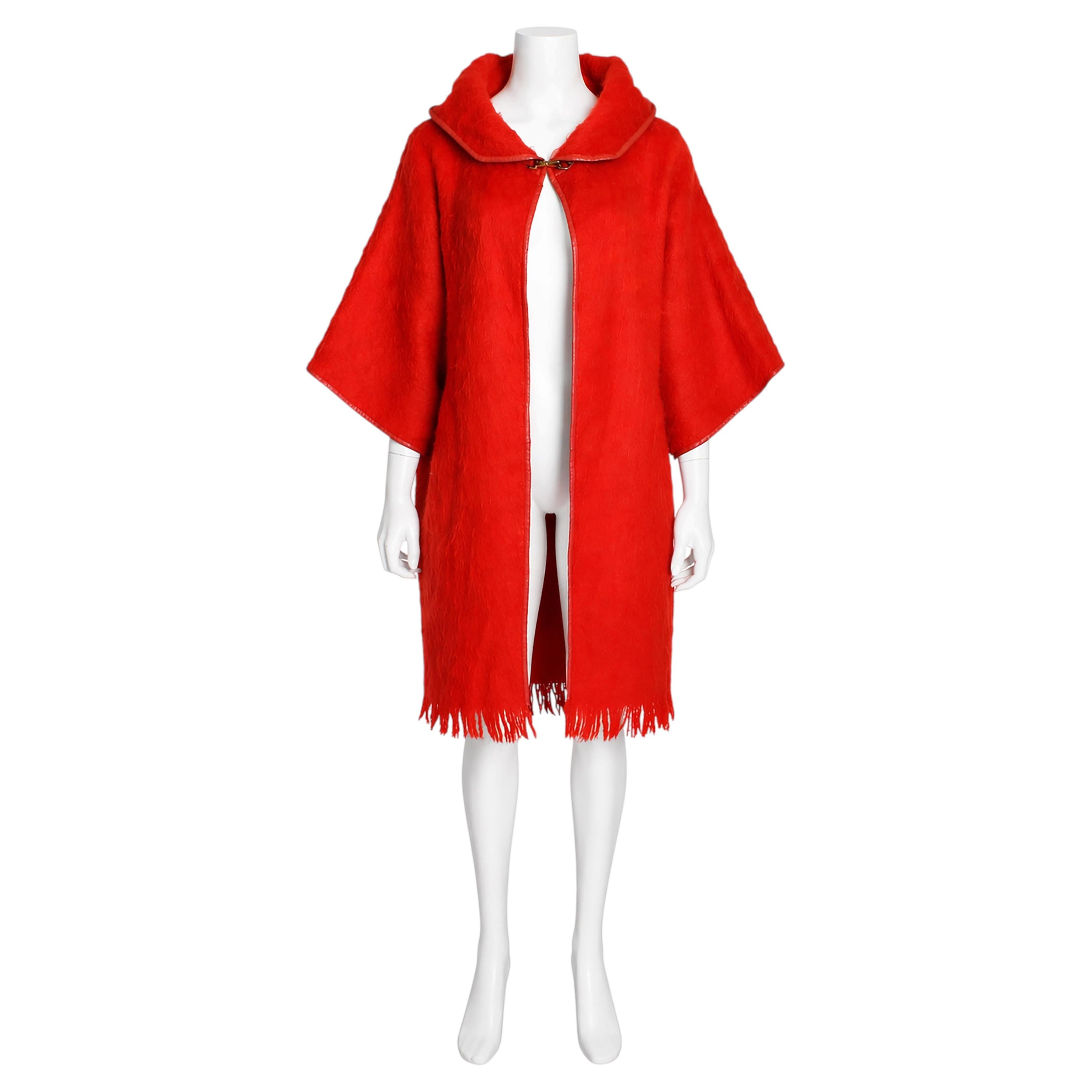 Vintage Bonnie Cashin Coral Mohair Wool Hooded Coat with Leather Trim