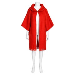 Vintage Bonnie Cashin Coral Mohair Wool Hooded Coat with Leather Trim