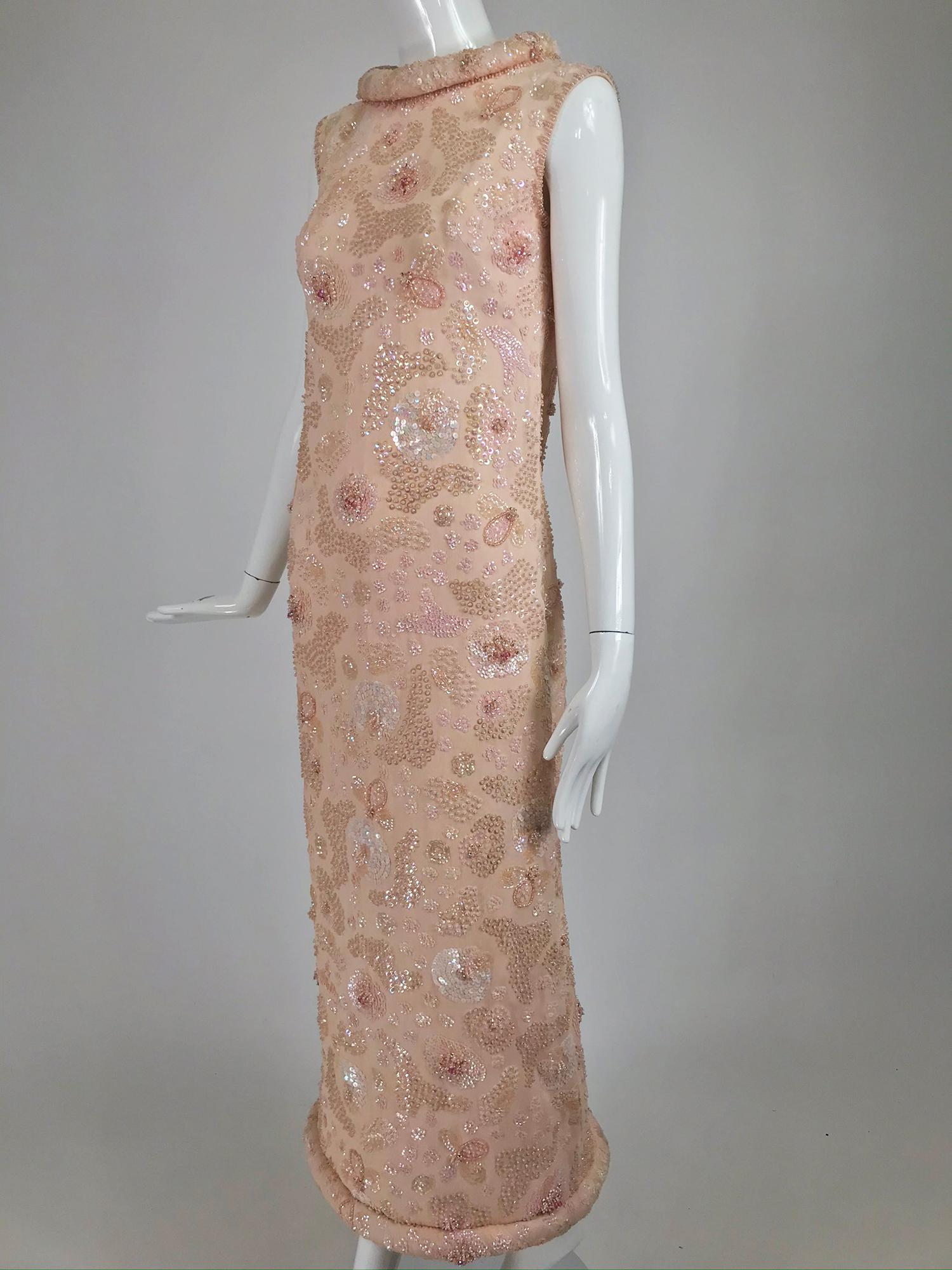 Vintage Bonwit Teller Pale Pink Beaded Sequin Demi Couture Gown 1960s 8