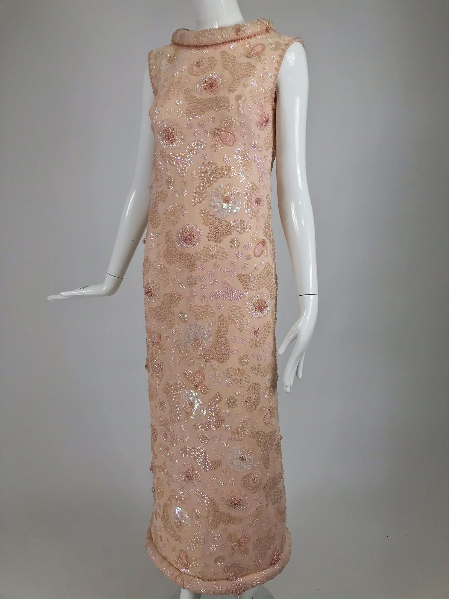 Vintage Bonwit Teller Pale Pink Beaded Sequin Demi Couture Gown 1960s 9