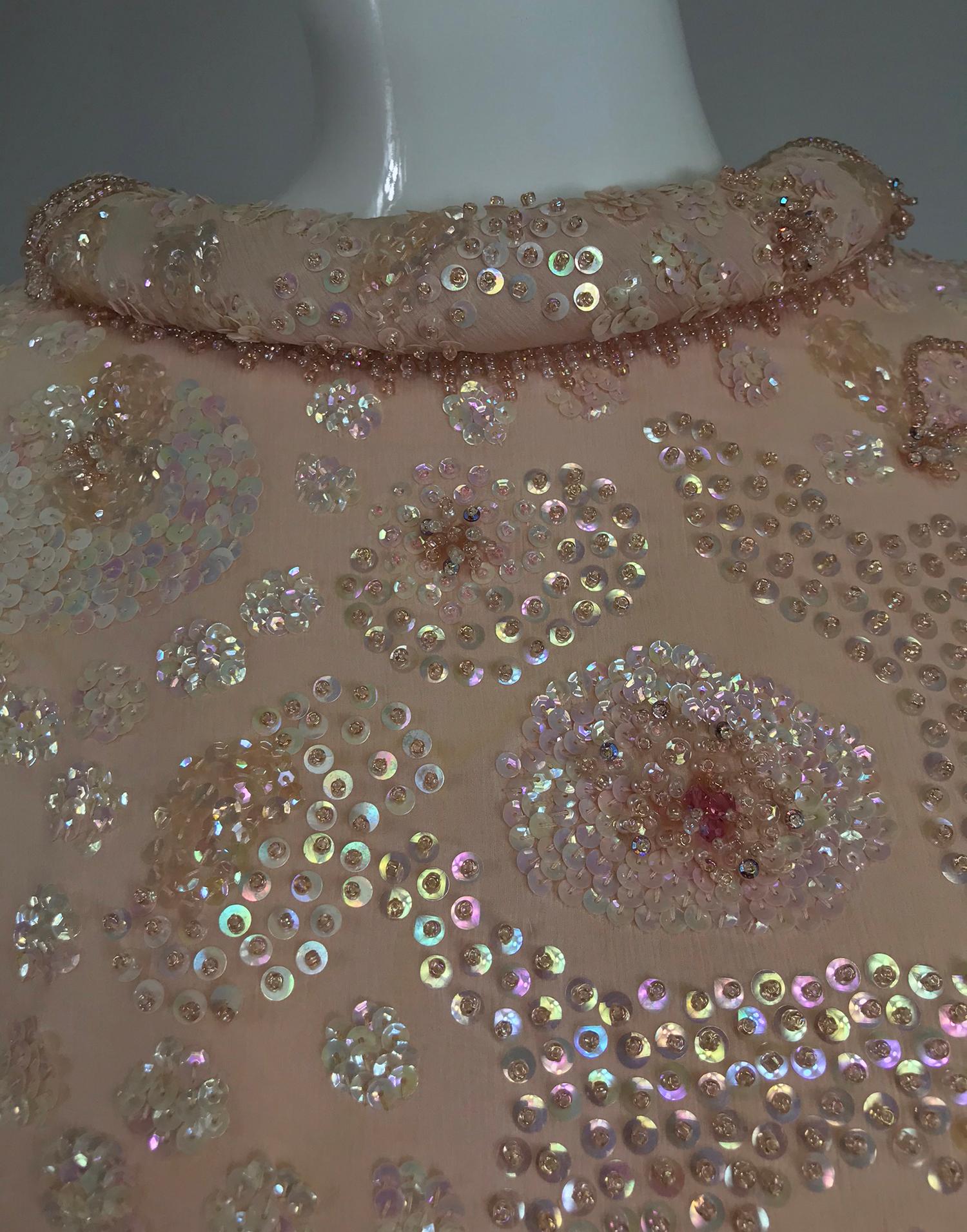 Vintage Bonwit Teller Pale Pink Beaded Sequin Demi Couture Gown 1960s 10