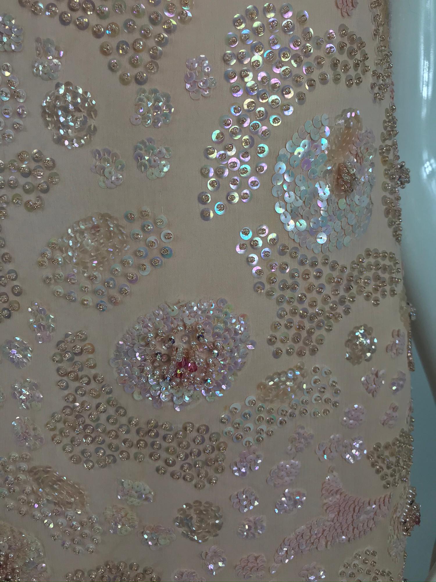 Vintage Bonwit Teller Pale Pink Beaded Sequin Demi Couture Gown 1960s 12