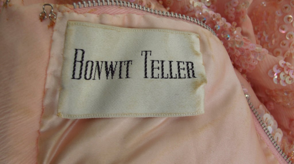 Vintage Bonwit Teller Pale Pink Beaded Sequin Demi Couture Gown 1960s 14