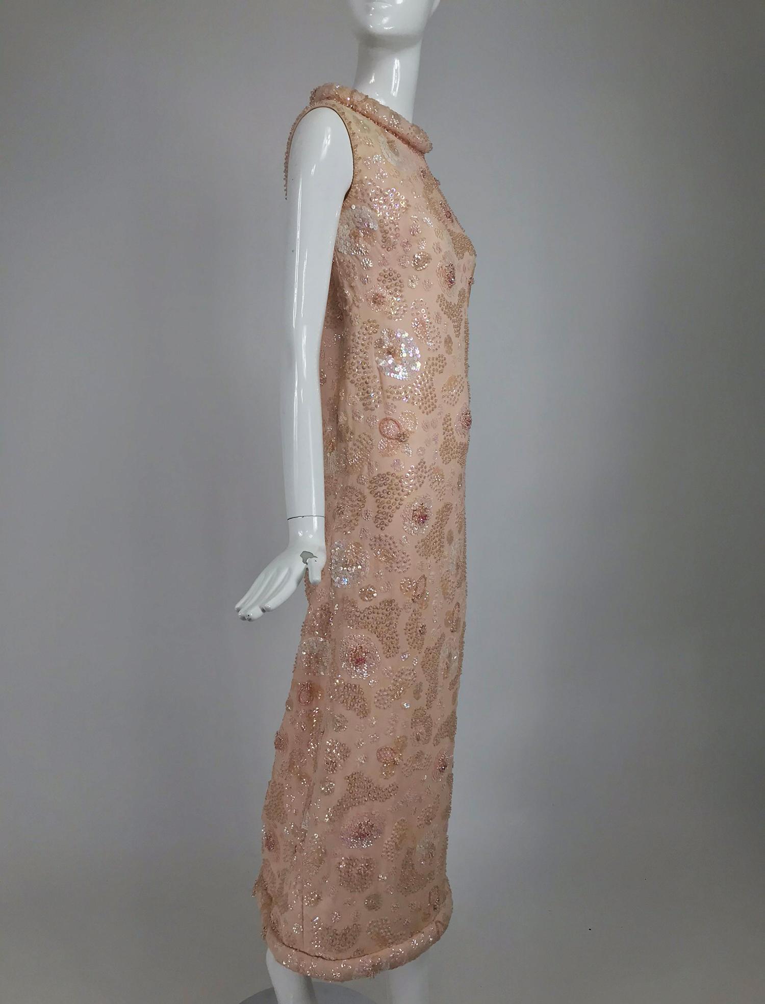 Brown Vintage Bonwit Teller Pale Pink Beaded Sequin Demi Couture Gown 1960s