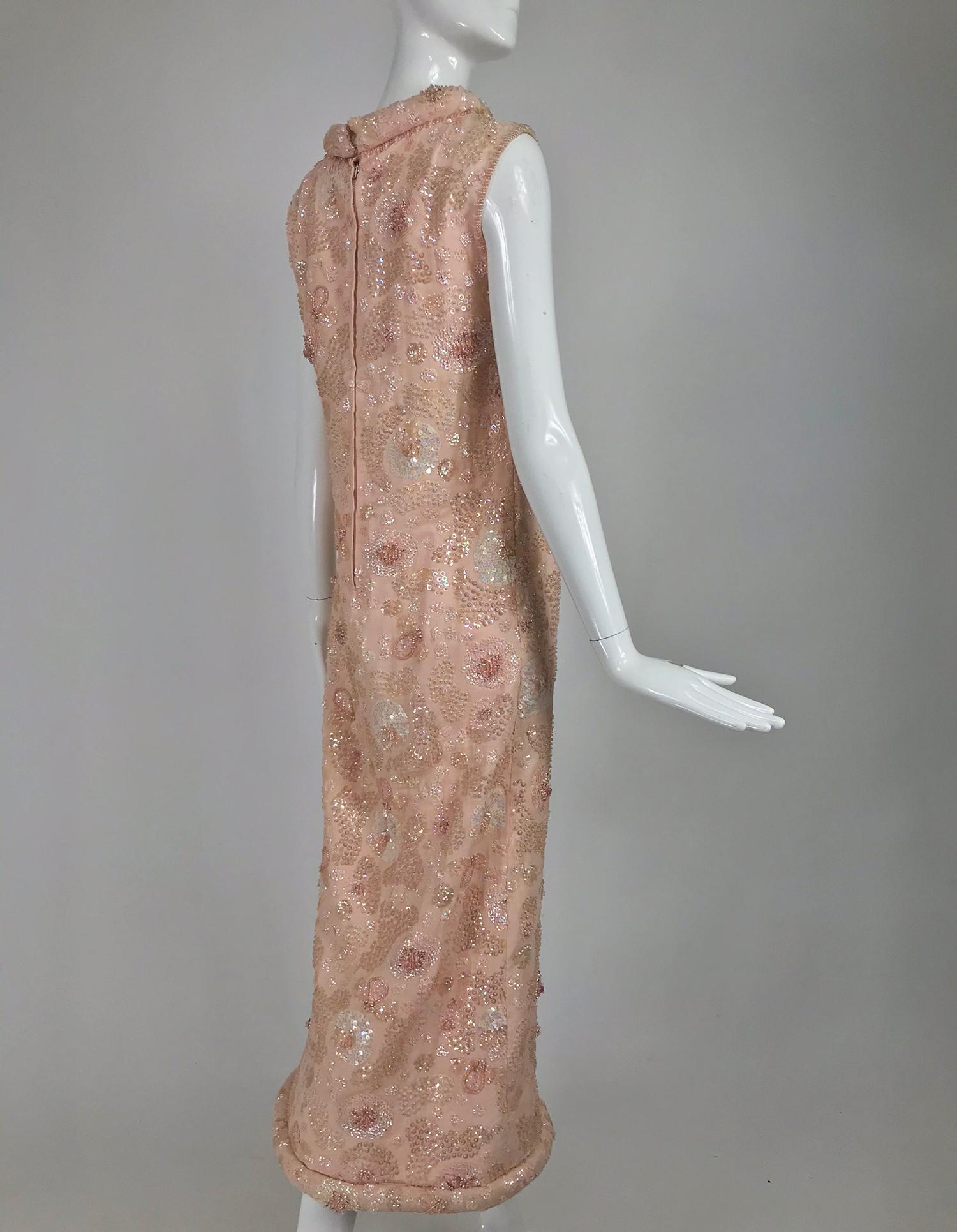 Women's Vintage Bonwit Teller Pale Pink Beaded Sequin Demi Couture Gown 1960s