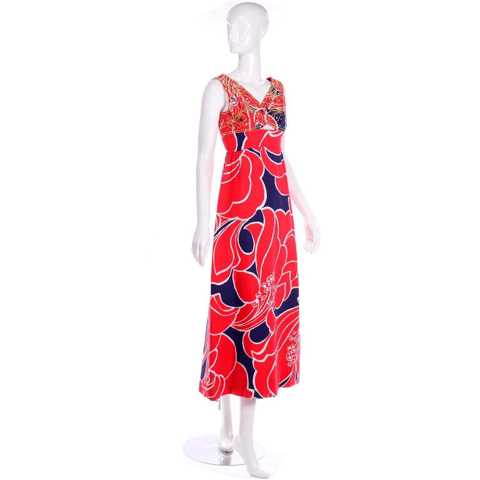 Vintage Bonwit Teller Red and Blue Maxi Dress With Rhinestones & Cut Out In Excellent Condition In Portland, OR