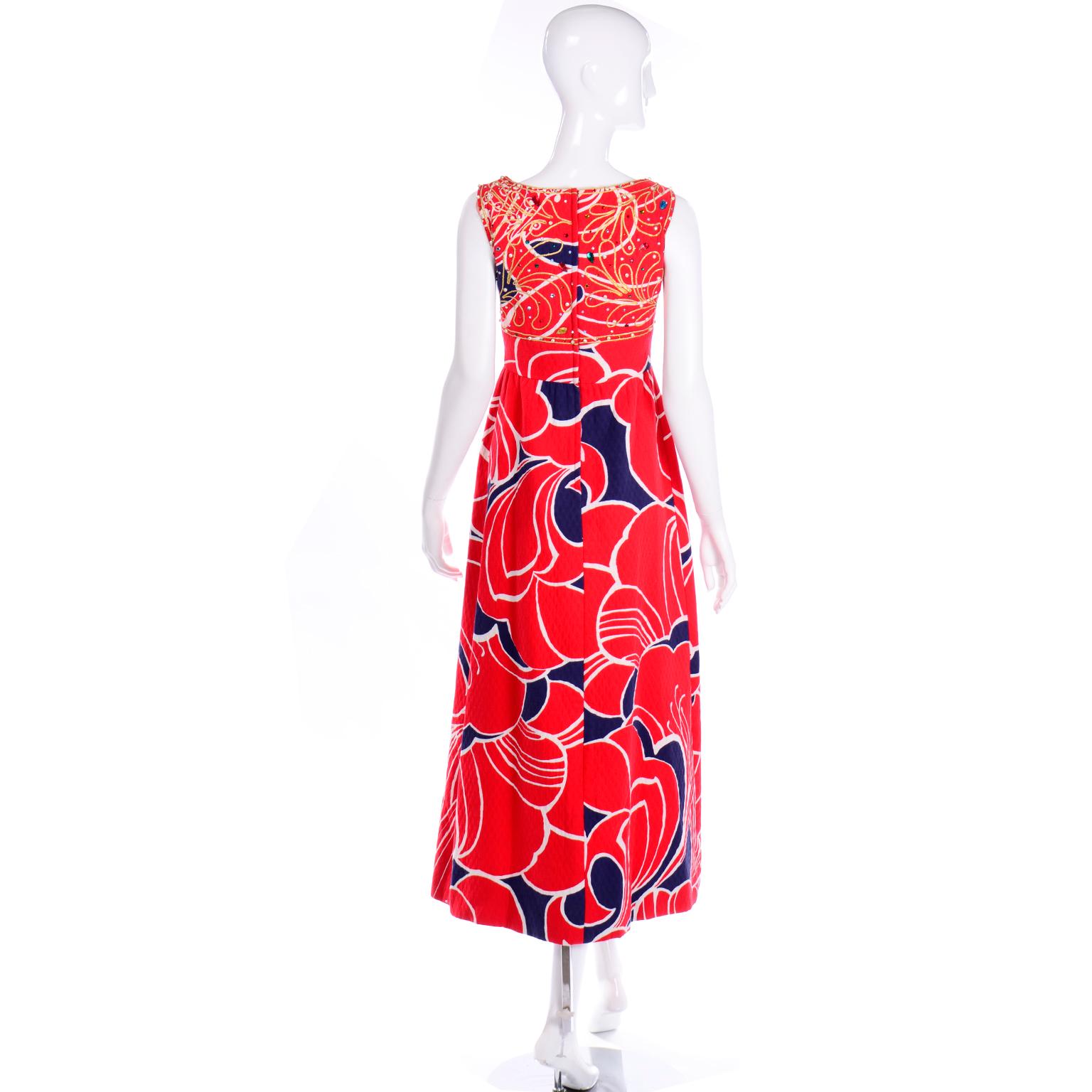 Women's Vintage Bonwit Teller Red and Blue Maxi Dress With Rhinestones & Cut Out