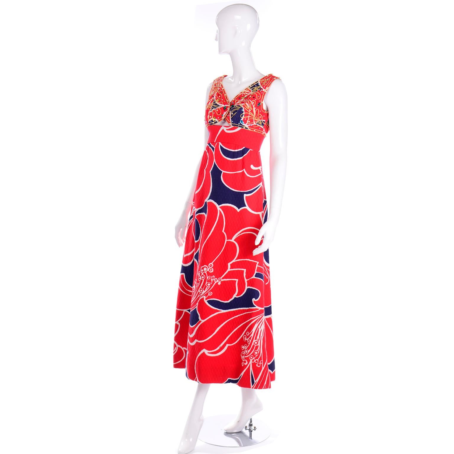 Vintage Bonwit Teller Red and Blue Maxi Dress With Rhinestones & Cut Out 1
