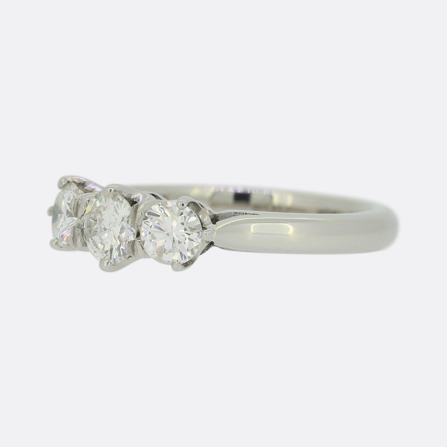 This is a wonderful diamond three stone ring from the luxury jewellery designer Boodles & Dunthorne. The ring dates back to the 1990s and features three well matched round brilliant cut diamonds, the largest of which sits in the centre.

Condition:
