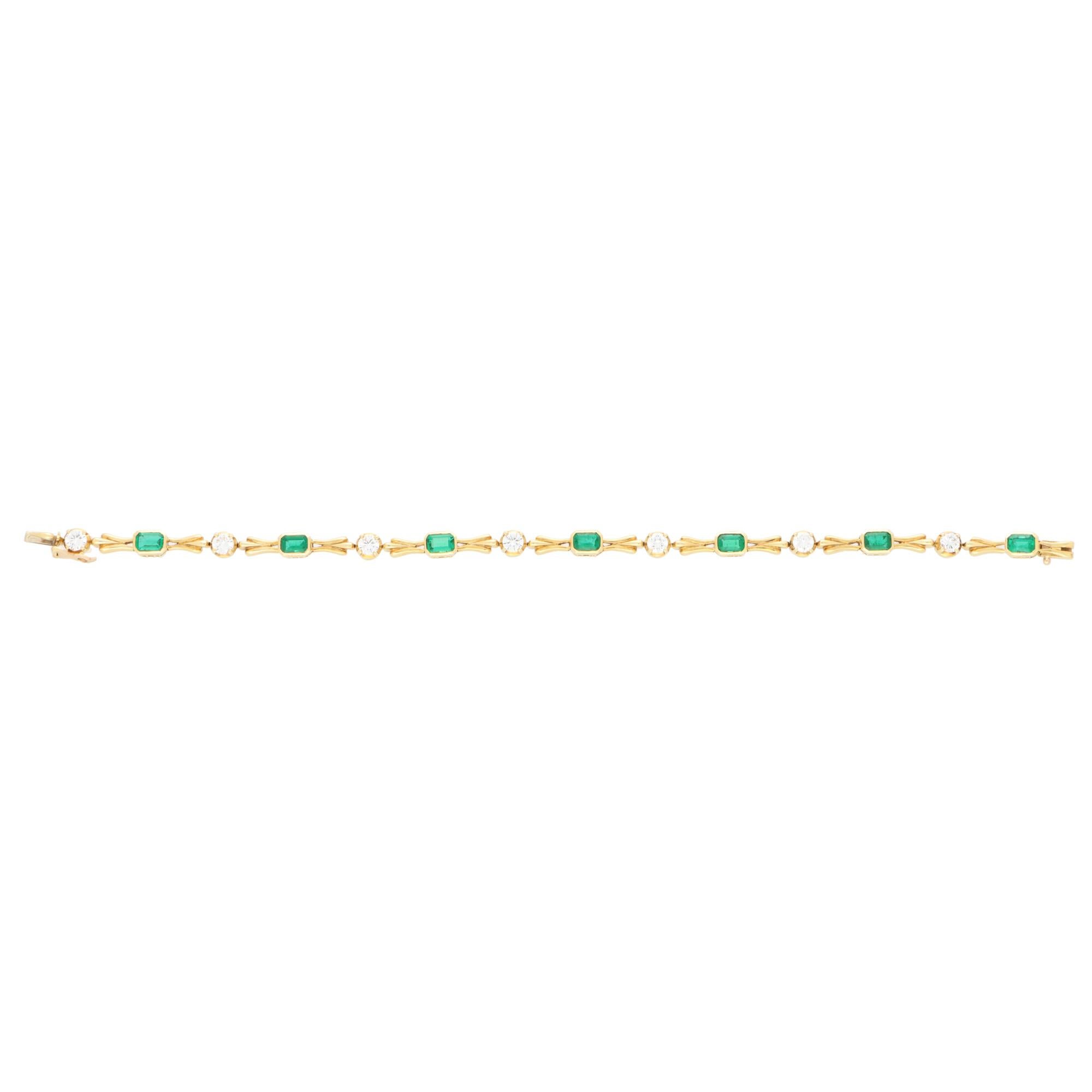 Emerald Cut Vintage Boodles Emerald and Diamond Bracelet Set in 18k Yellow Gold