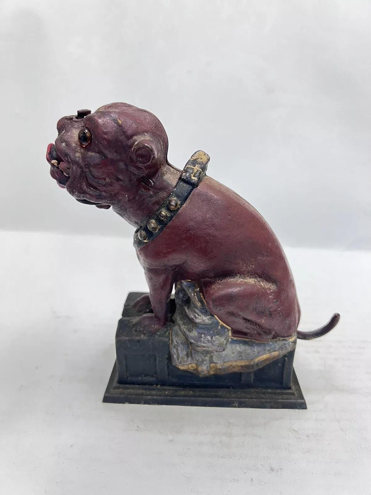 Art Deco Vintage Book Of Knowledge Cast Iron Bulldog Coin Piggy Bank For Sale