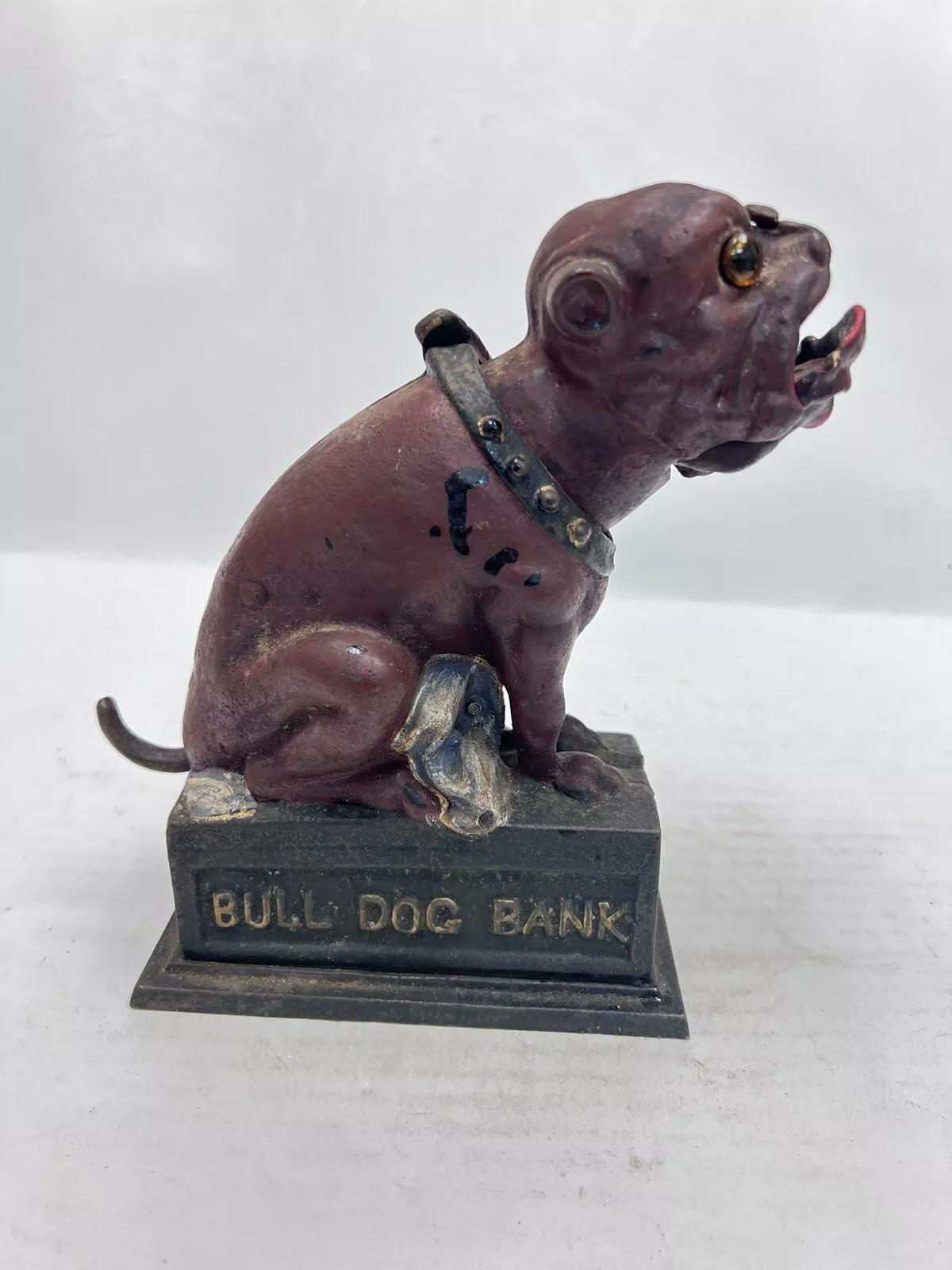 Unknown Vintage Book Of Knowledge Cast Iron Bulldog Coin Piggy Bank For Sale