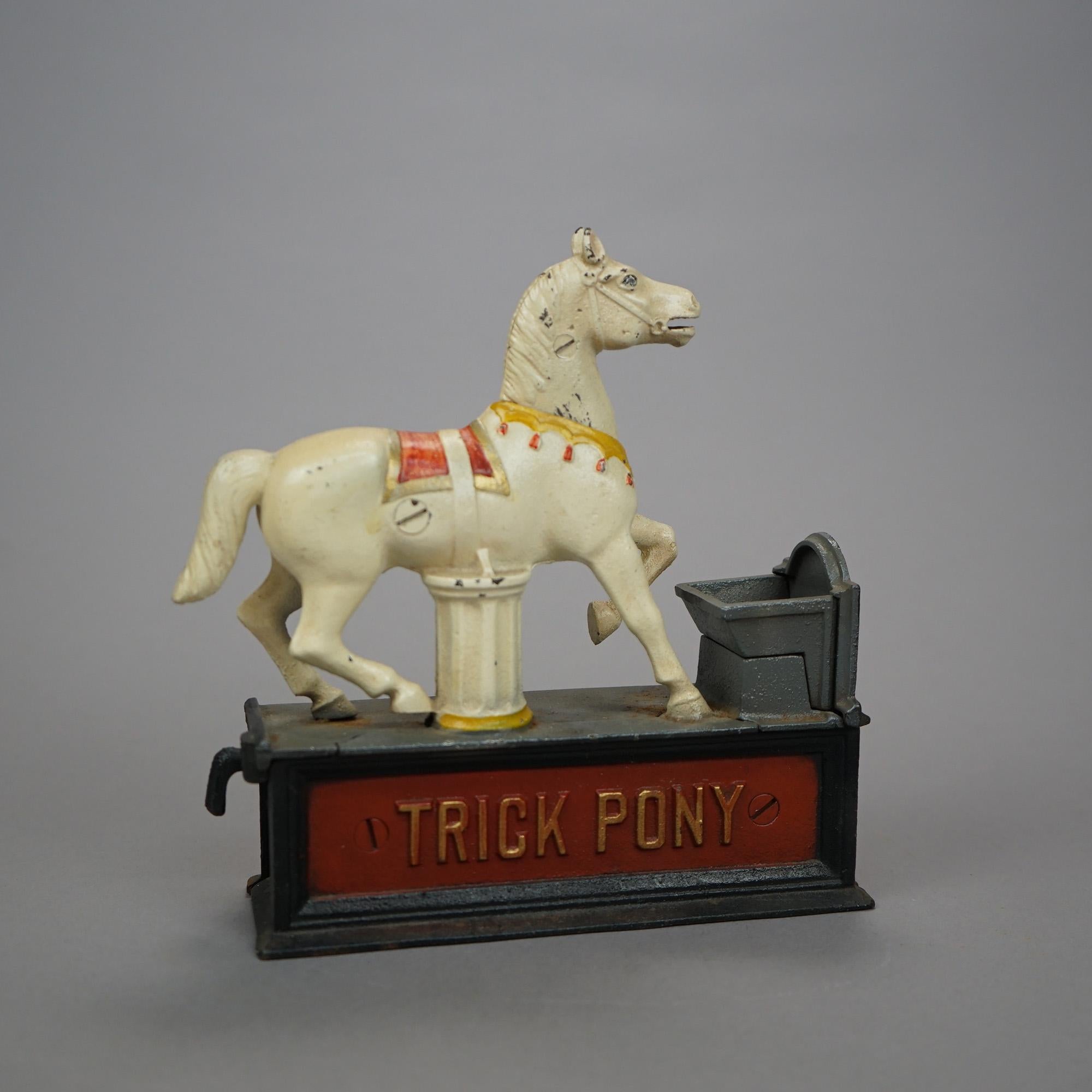 Vintage Book of Knowledge Cast Iron Mechanical Bank, Trick Pony, 20th Century In Good Condition For Sale In Big Flats, NY