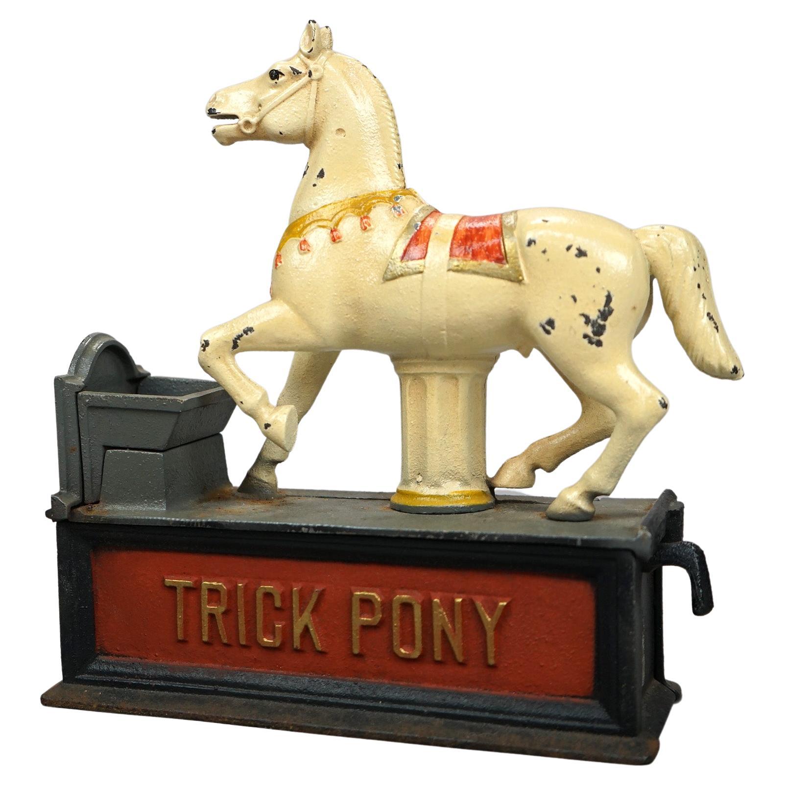 Vintage Book of Knowledge Cast Iron Mechanical Bank, Trick Pony, 20th Century For Sale