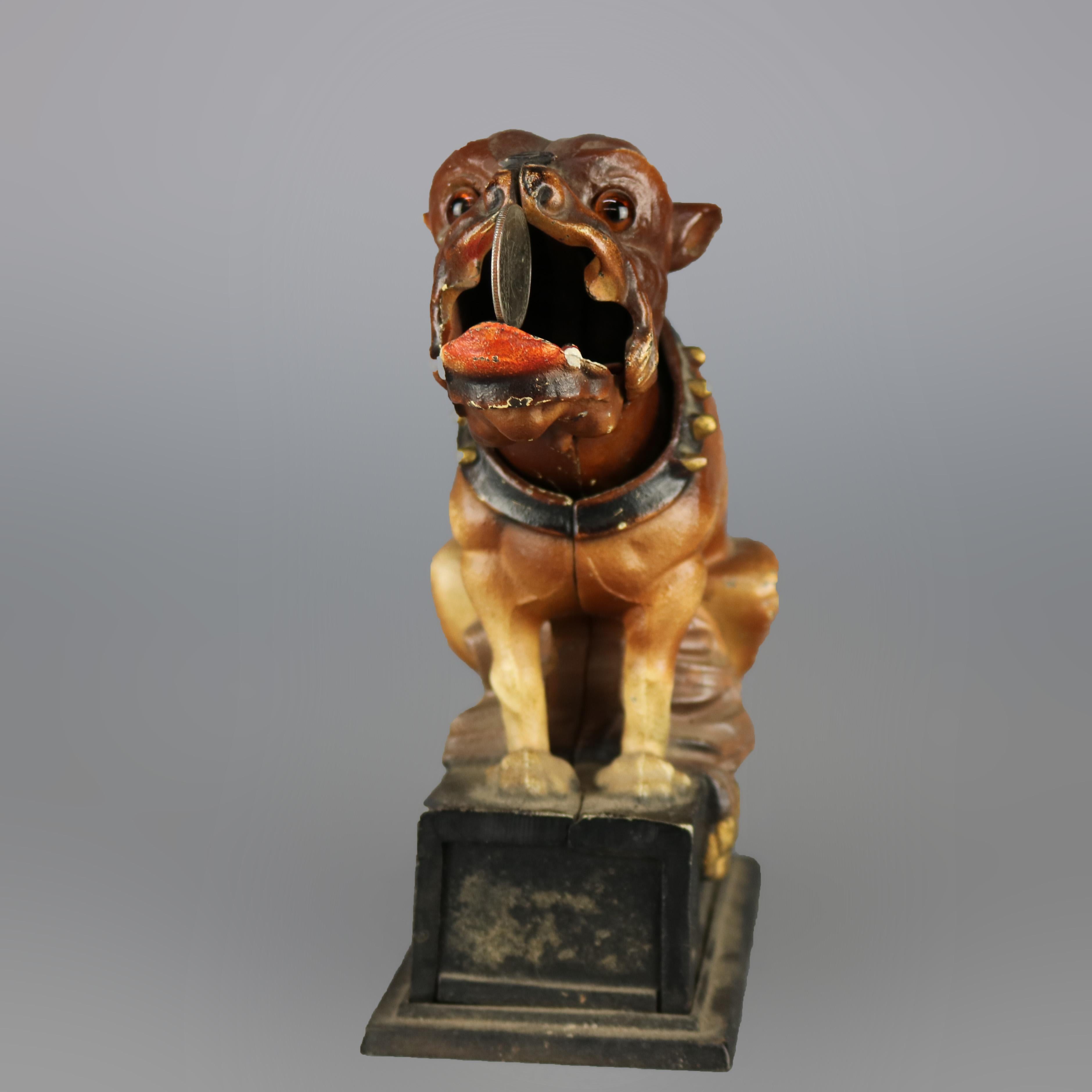 A vintage Book of Knowledge mechanical bank offers polychrome painted cast iron bulldog, embossed on base 