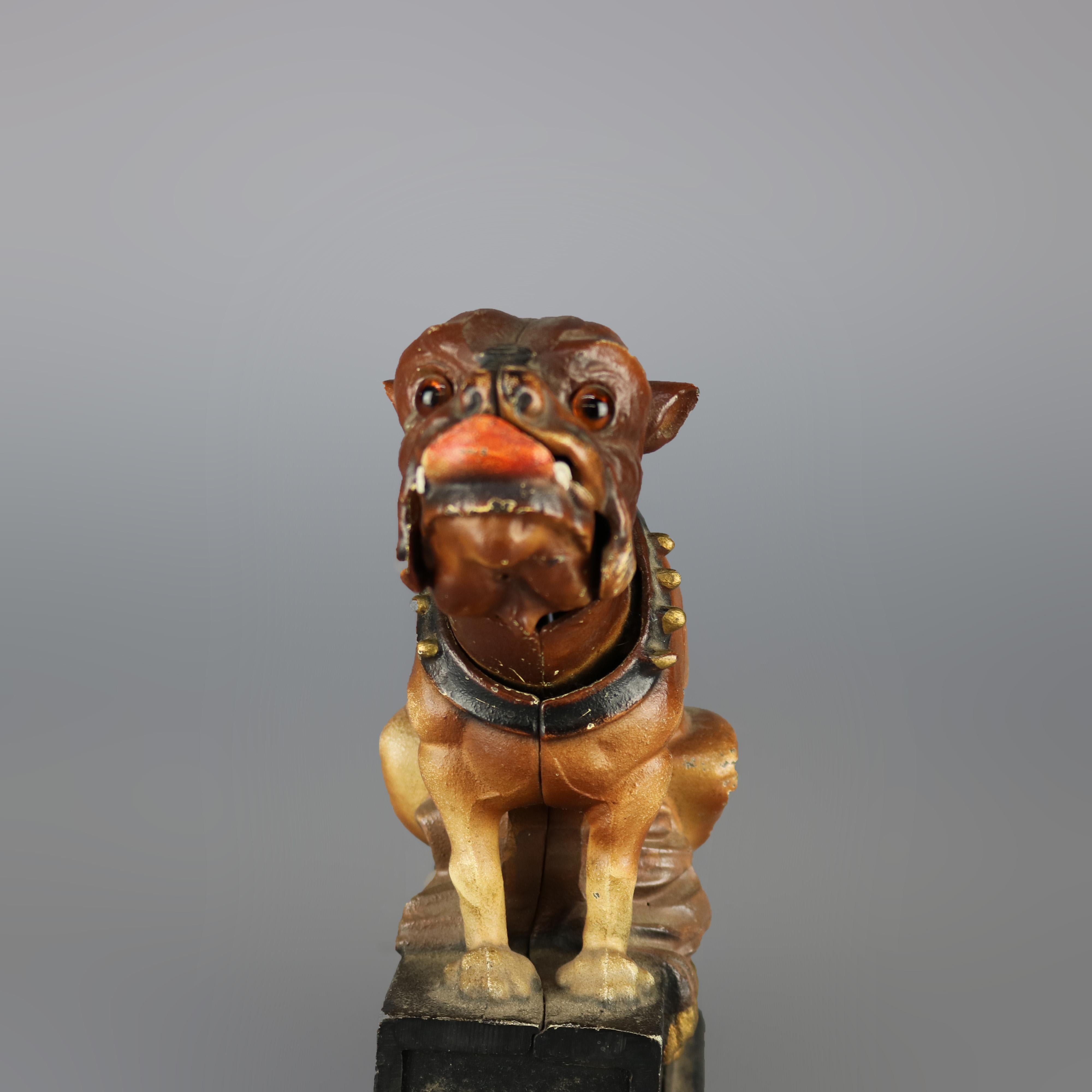 American Vintage Book of Knowledge Cast Iron Mechanical Bull Dog Bank, 20th Century