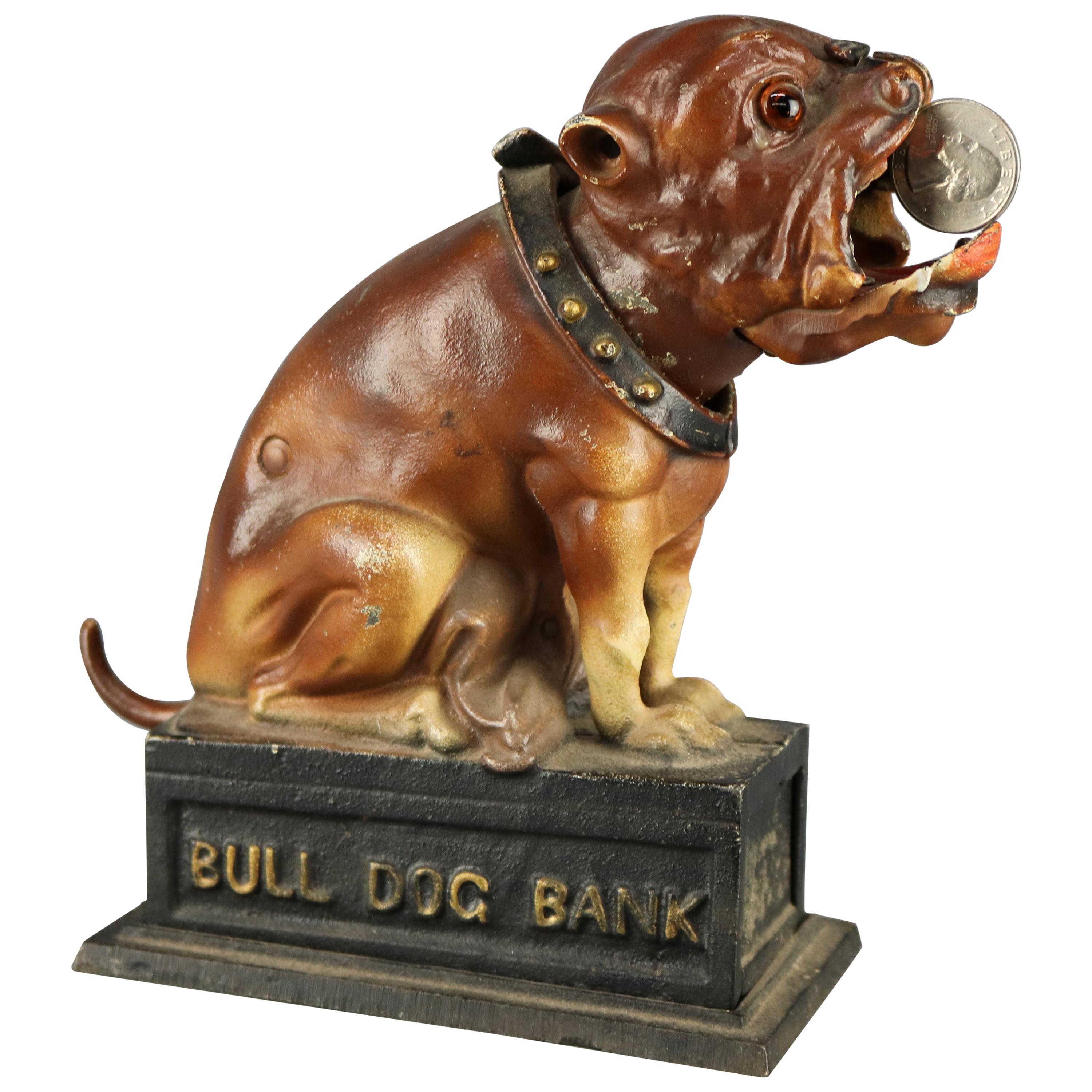 Vintage Book of Knowledge Cast Iron Mechanical Bull Dog Bank, 20th Century