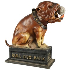 Used Book of Knowledge Cast Iron Mechanical Bull Dog Bank, 20th Century