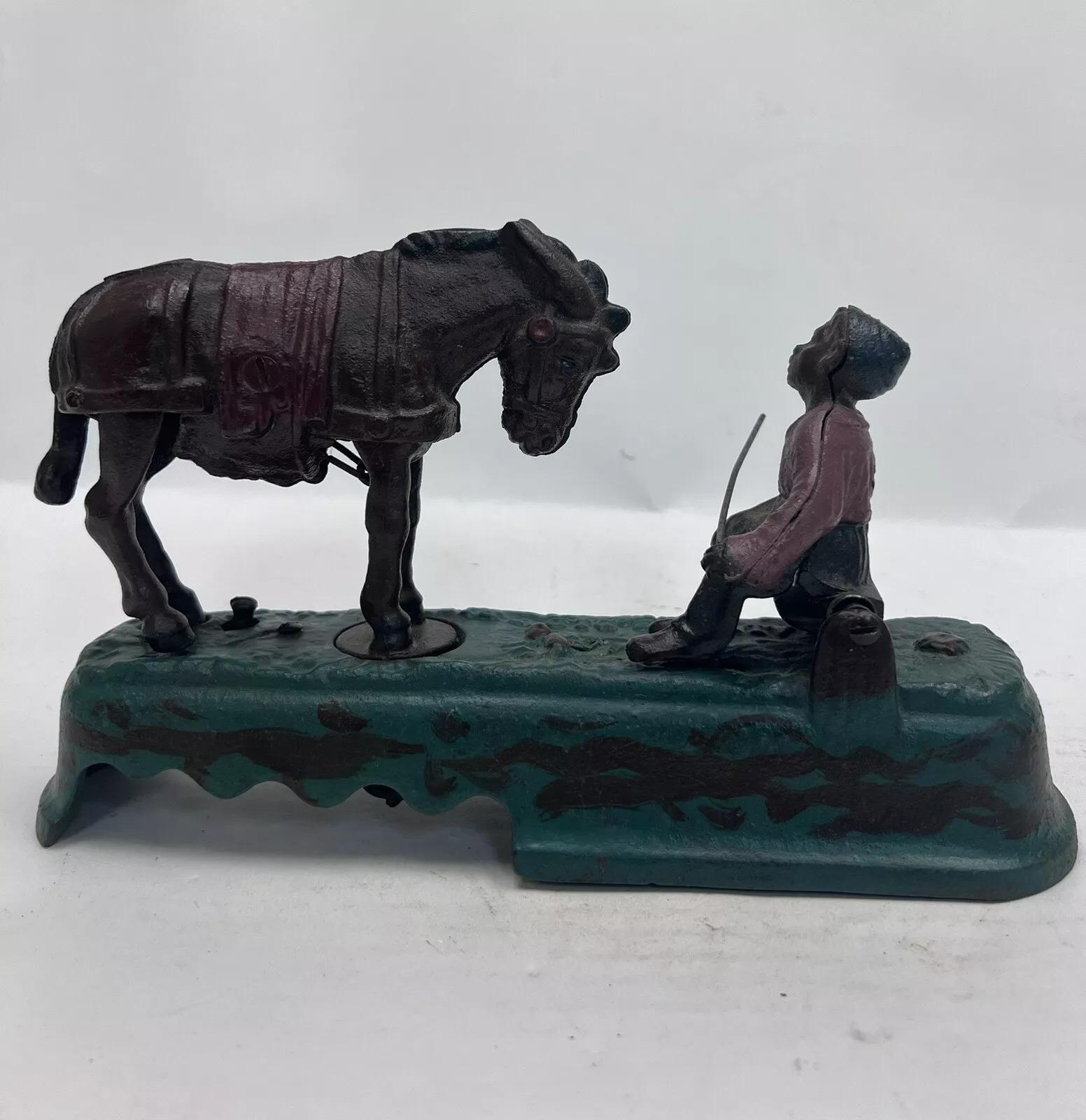 Art Deco Vintage Book Of Knowledge Cast Iron Mechanical Horse Kicking Boy Bank For Sale