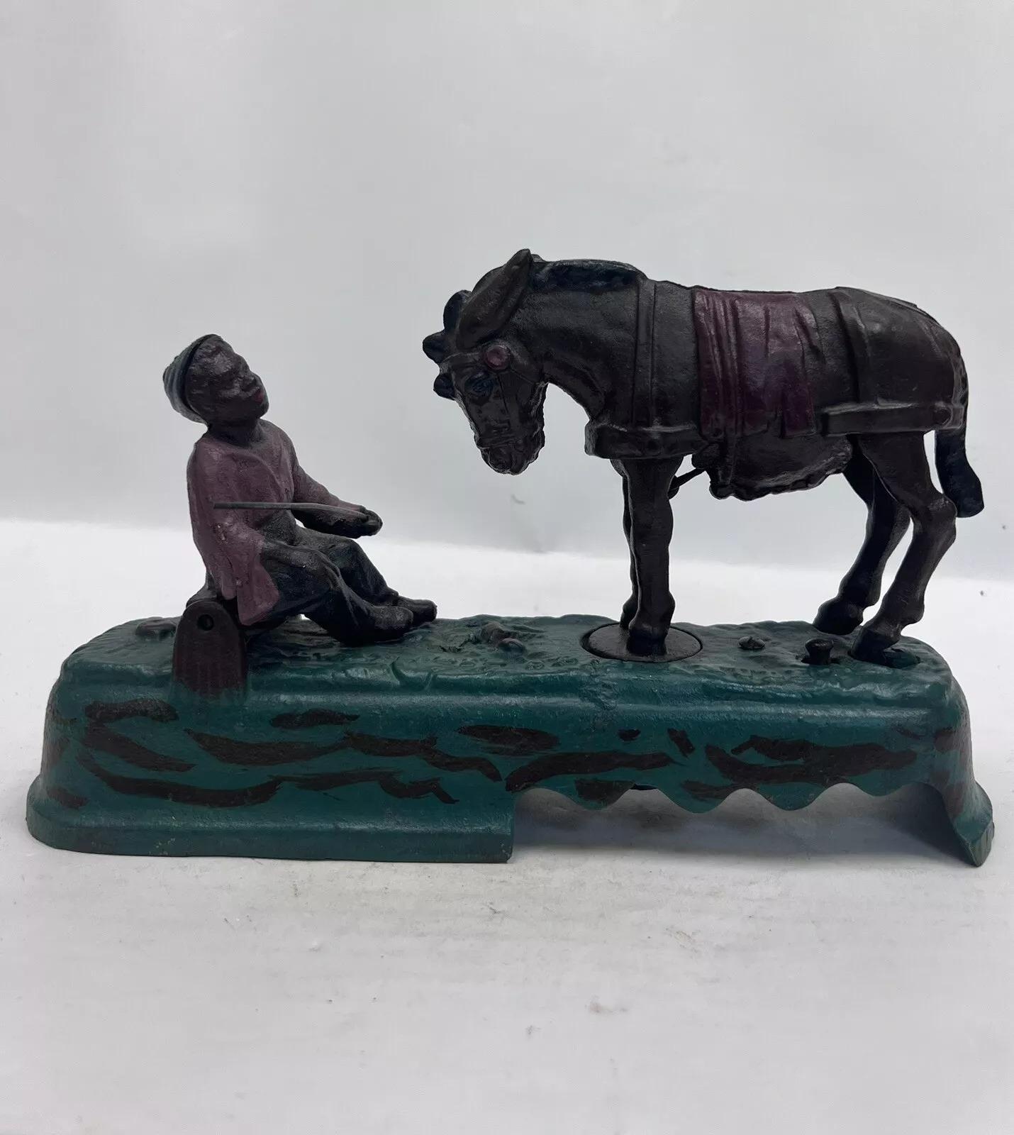 Unknown Vintage Book Of Knowledge Cast Iron Mechanical Horse Kicking Boy Bank For Sale