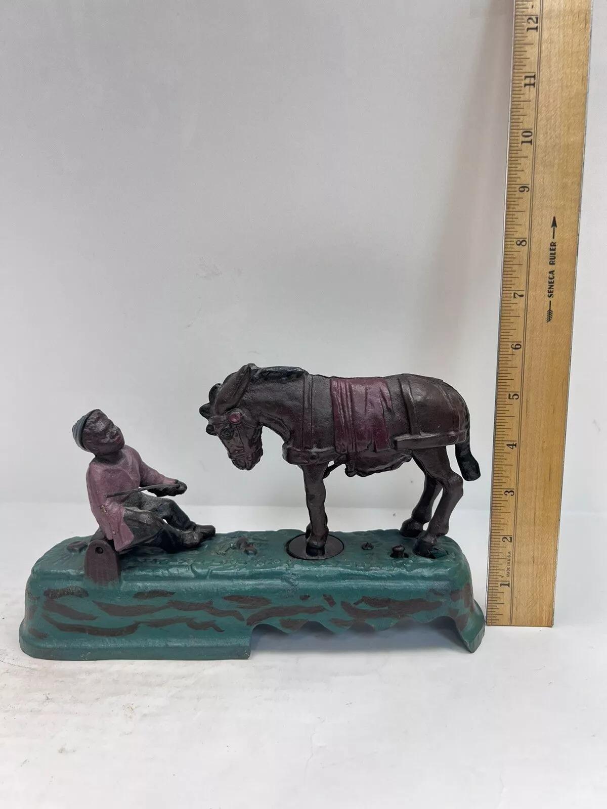 Vintage Book Of Knowledge Cast Iron Mechanical Horse Kicking Boy Bank For Sale 2
