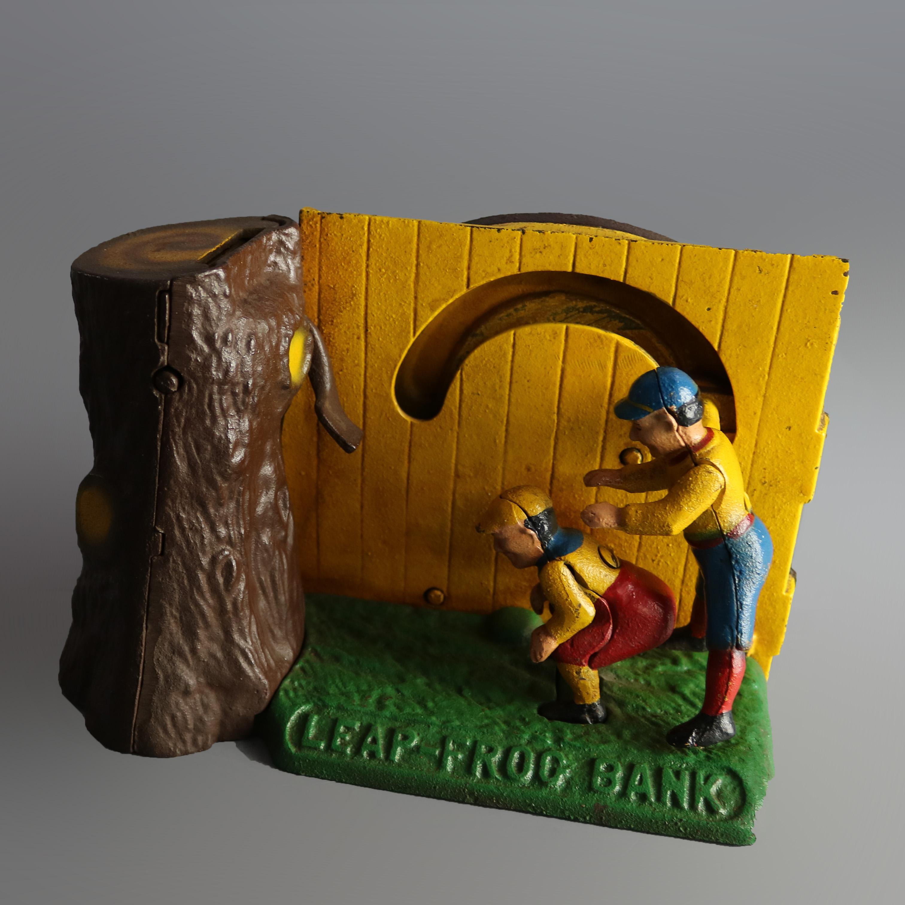 Vintage Book of Knowledge Cast Iron Mechanical Leap Frog Bank, 20th Century In Good Condition In Big Flats, NY