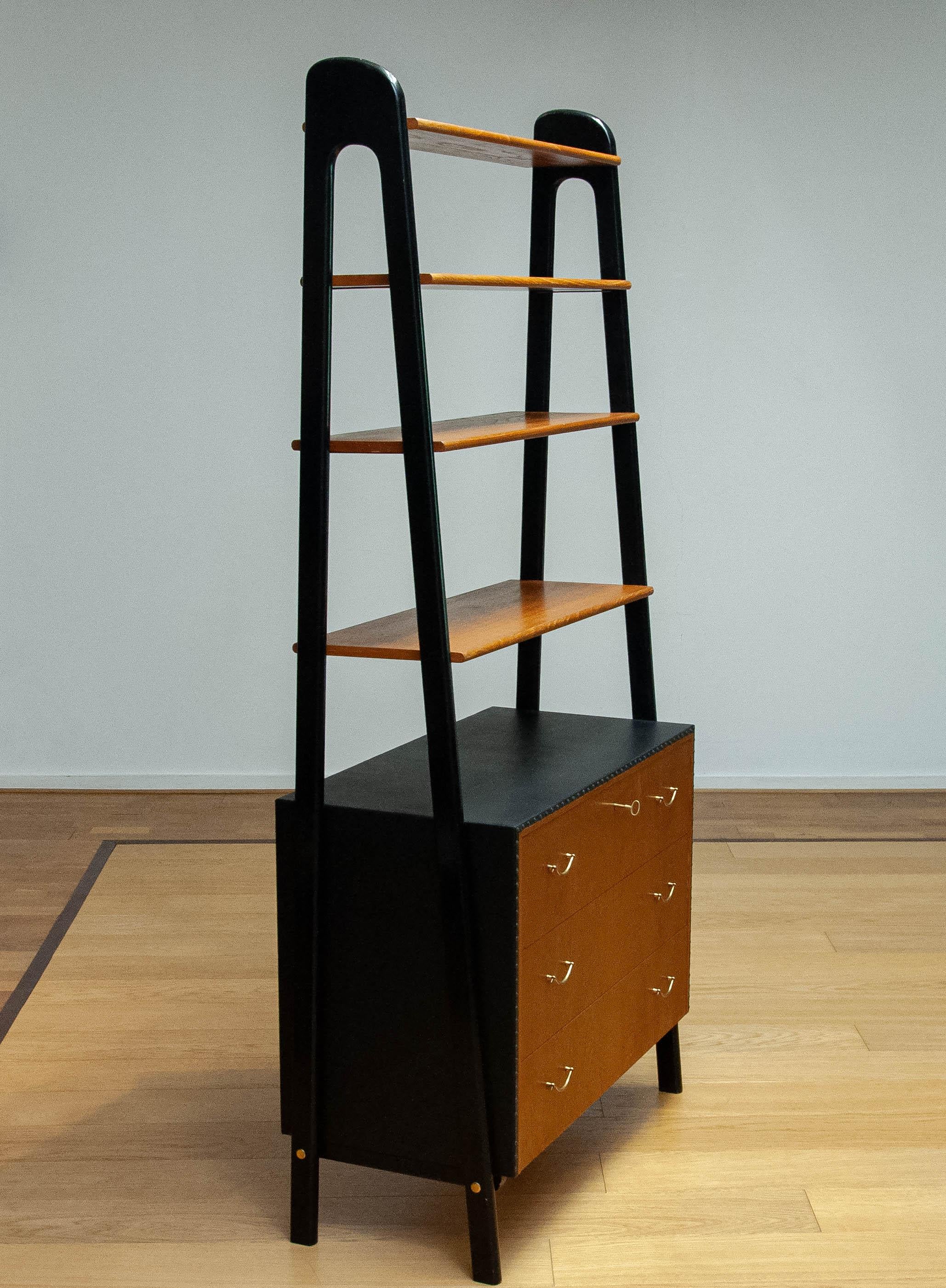 Swedish Vintage Bookcase With Black Lacquered Stands, Teak Drawers By Bertil Fridhagen