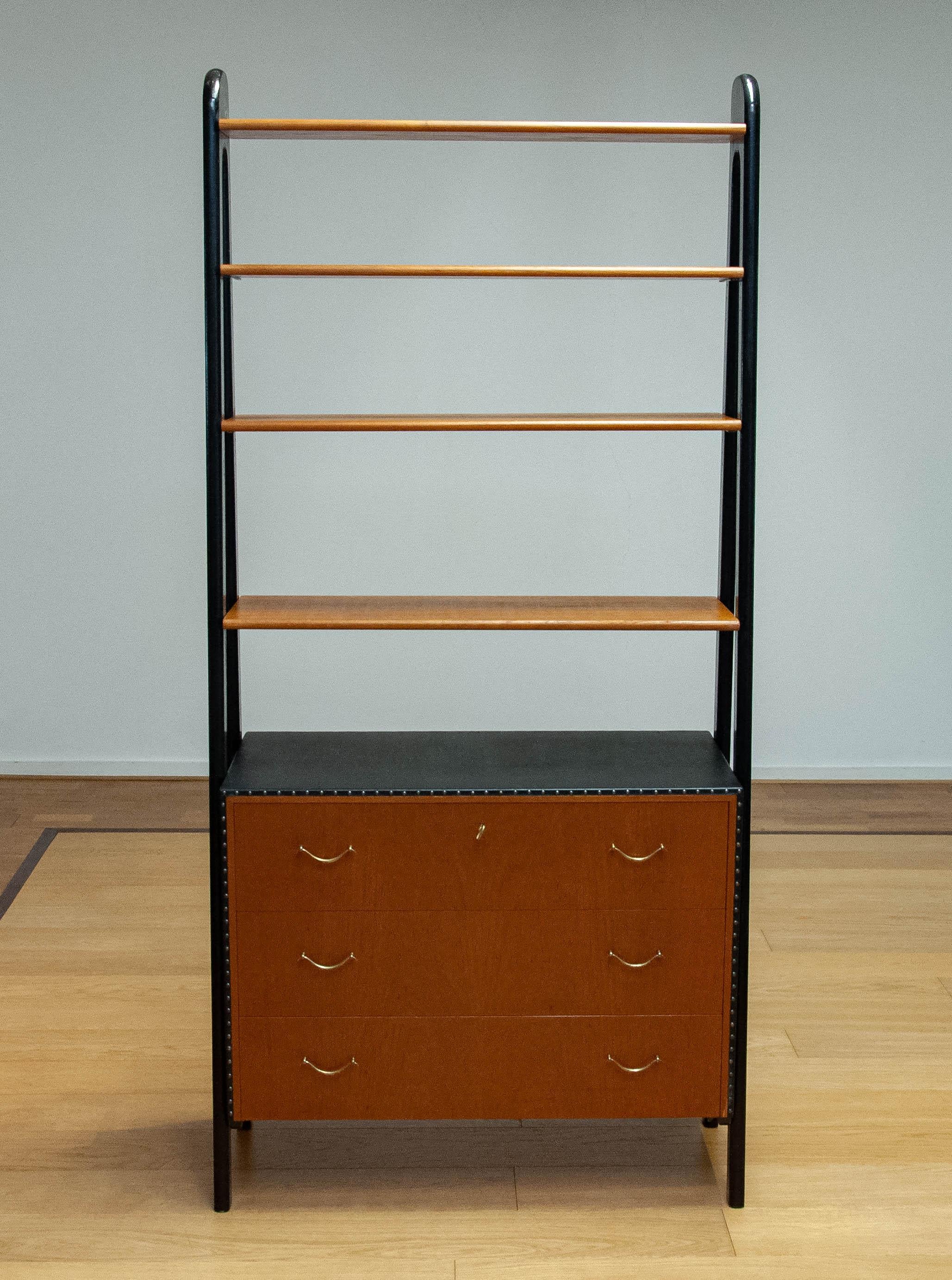 Faux Leather Vintage Bookcase With Black Lacquered Stands, Teak Drawers By Bertil Fridhagen