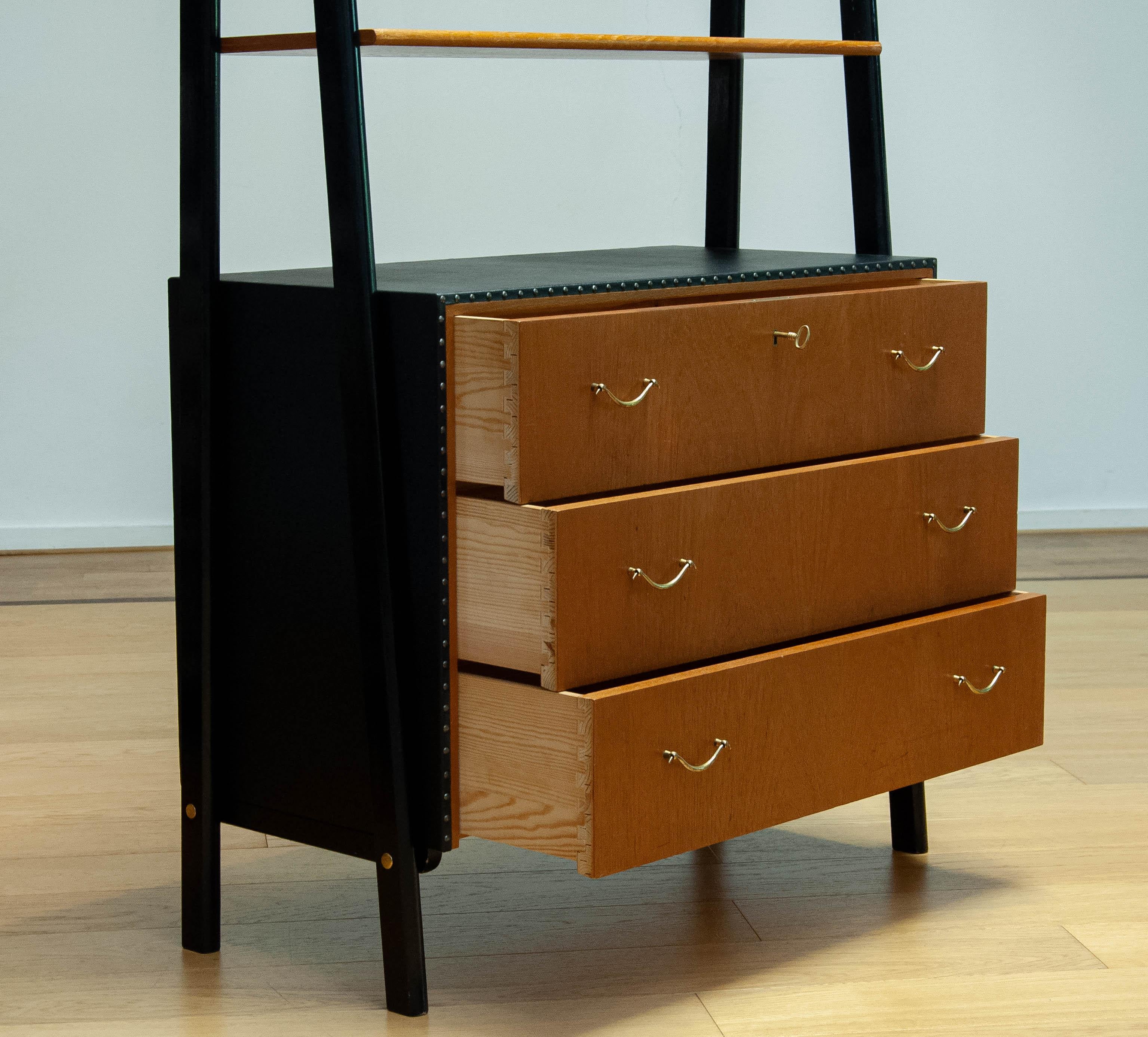 Vintage Bookcase With Black Lacquered Stands, Teak Drawers By Bertil Fridhagen 1
