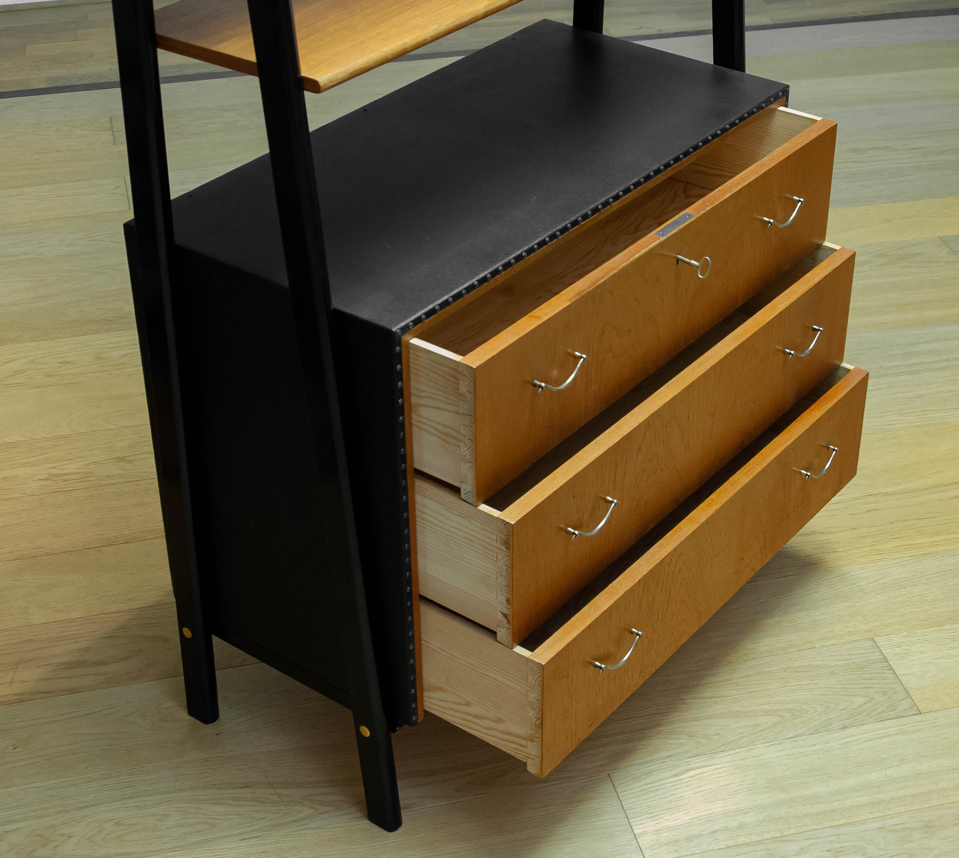 Vintage Bookcase With Black Lacquered Stands, Teak Drawers By Bertil Fridhagen 2