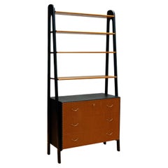 Vintage Bookcase With Black Lacquered Stands, Teak Drawers By Bertil Fridhagen