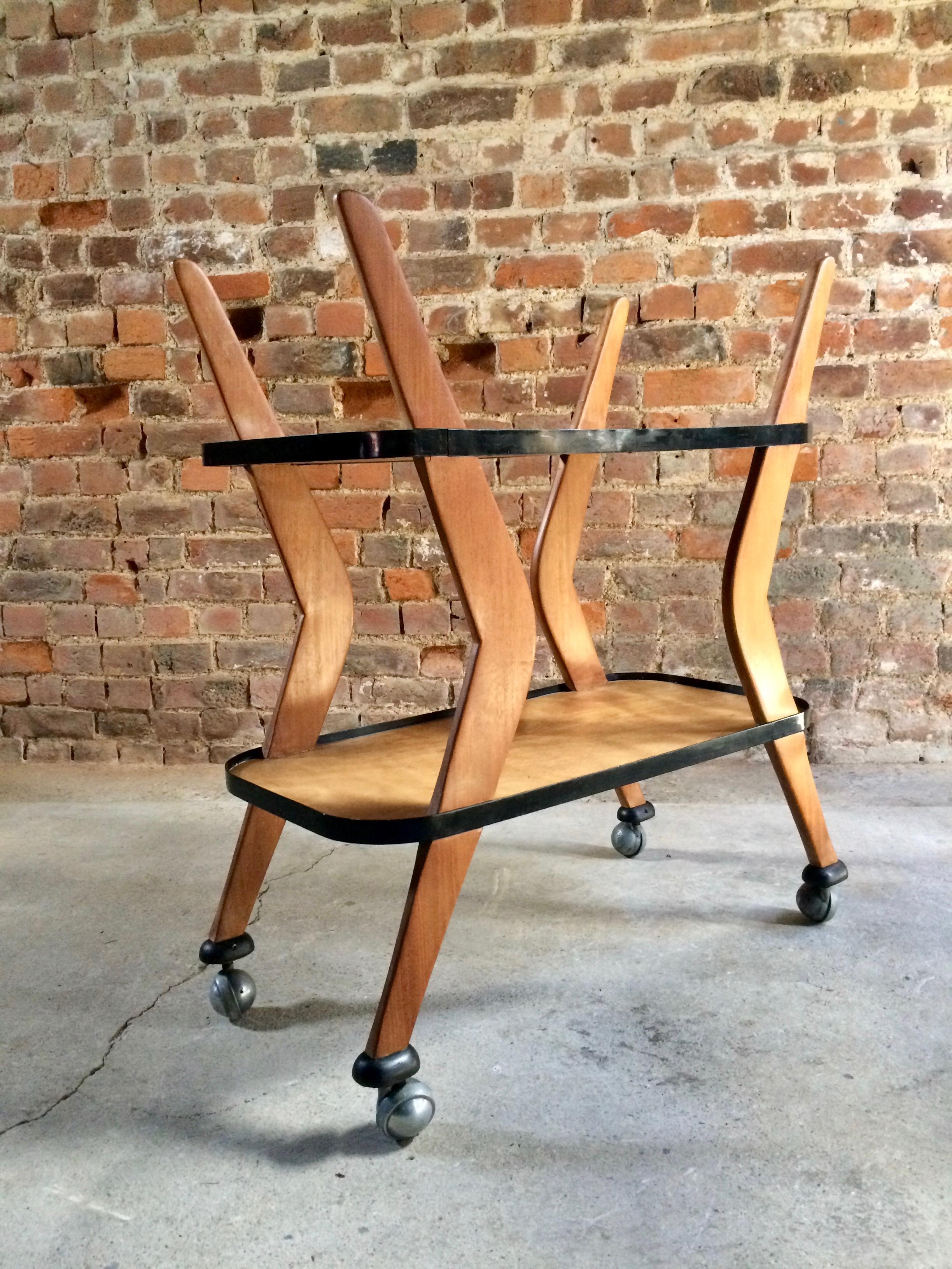 Mahogany Vintage Boomerang Drinks Serving Cocktail Trolly, circa 1950s