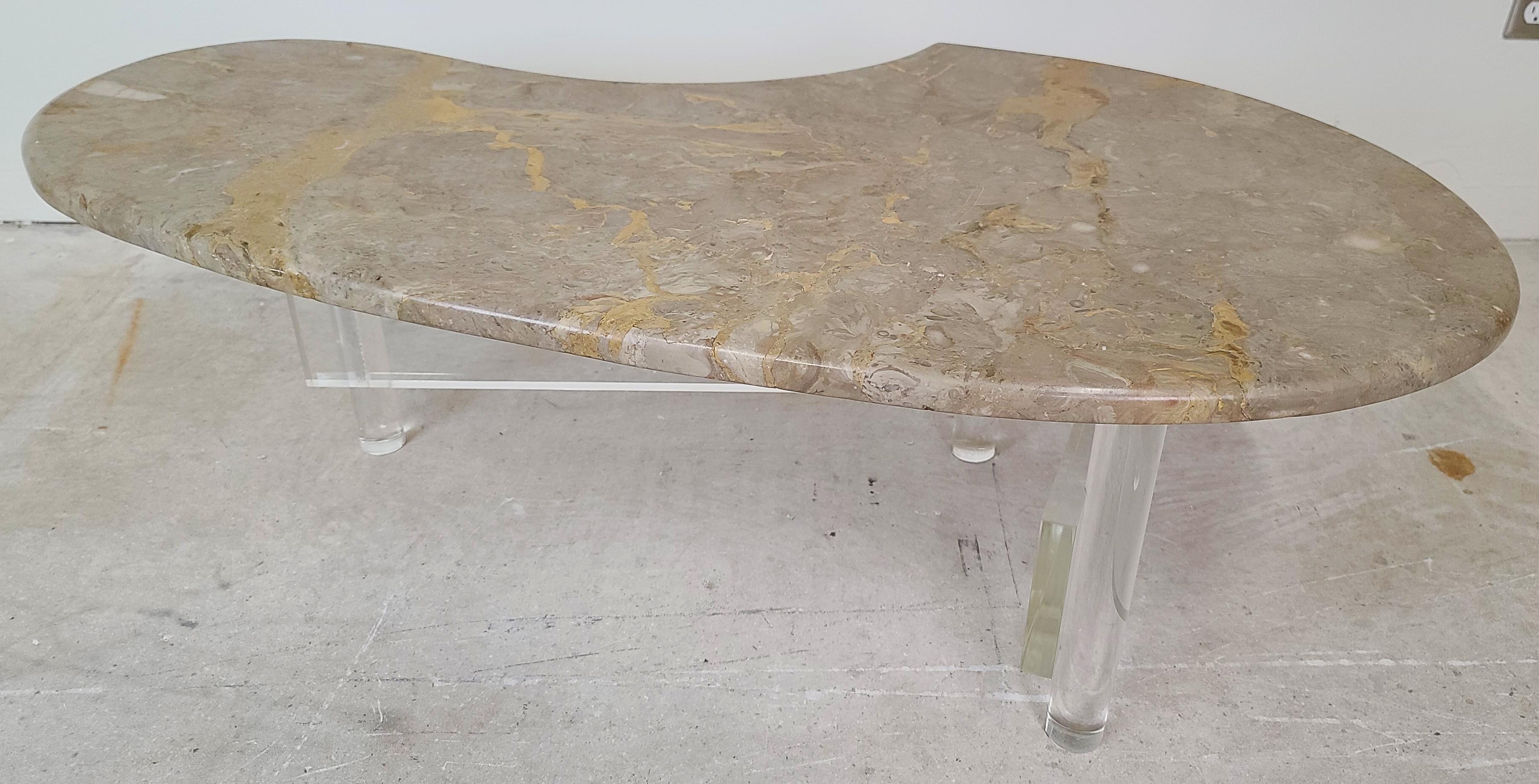 Offering one of our recent Palm Beach Estate fine furniture acquisitions of A
1960's Vintage Mid-Century Modern Boomerang Italian Marble & Lucite Coffee Cocktail Table 
A fantastic piece of old-world Marble on a custom-made to fit Lucite