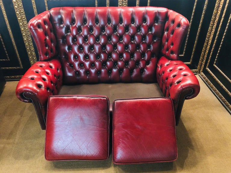 Vintage Bordeau Leather Chesterfield Tufted Wingback TwoSeat Sofa For