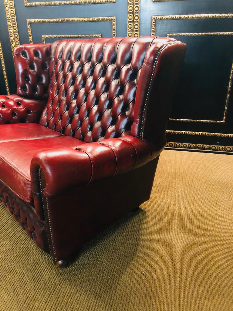 Vintage Bordeau Leather Chesterfield Tufted Wingback TwoSeat Sofa For