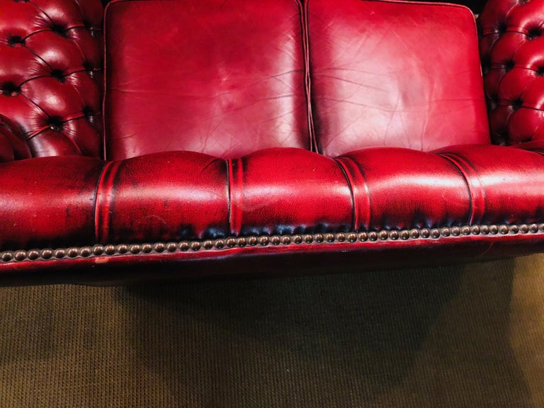 Vintage Bordeau Leather Chesterfield Tufted Wingback TwoSeat Sofa For