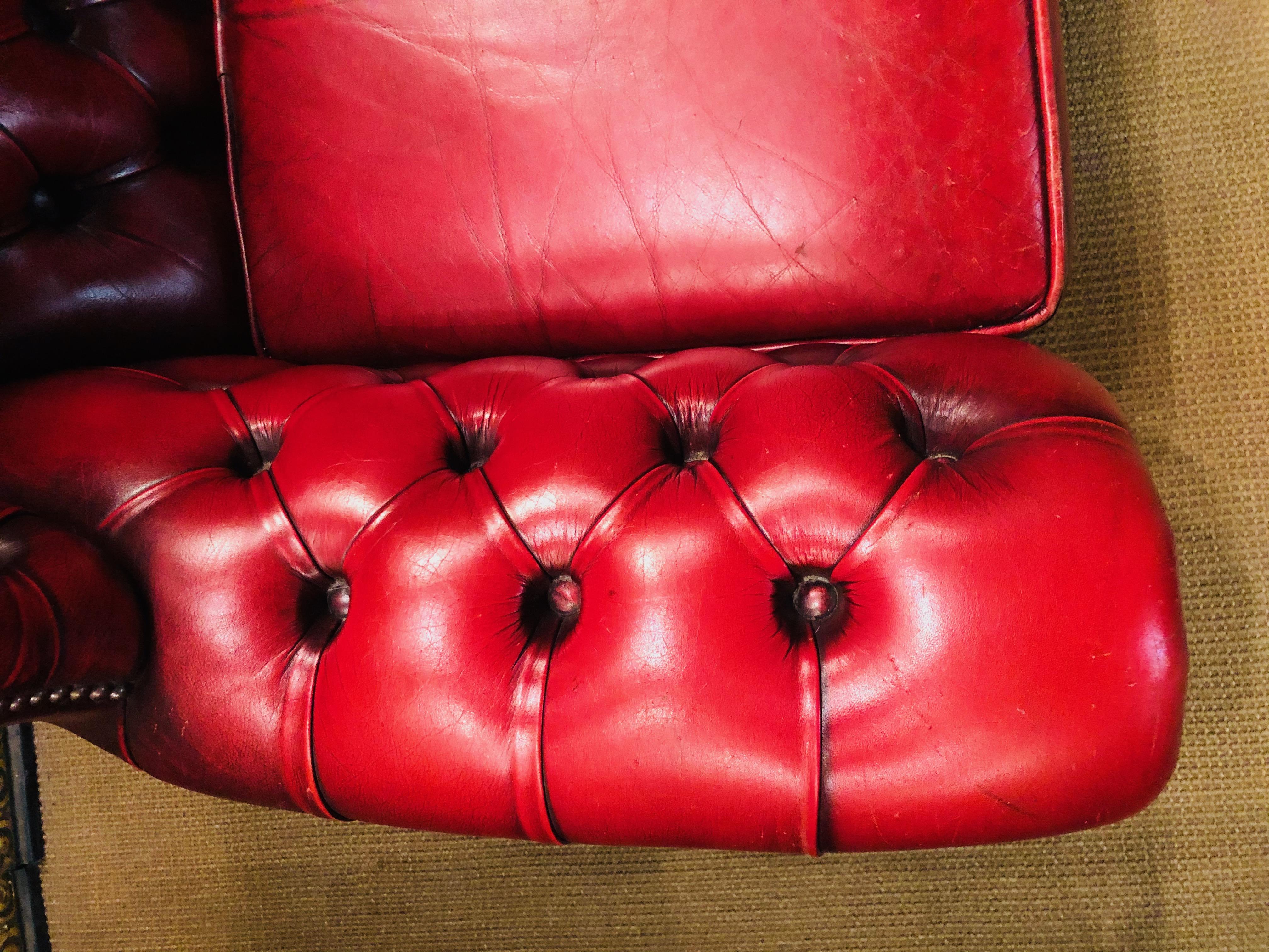 20th Century Vintage Bordeau Leather Chesterfield Tufted Wingback Two-Seat Sofa