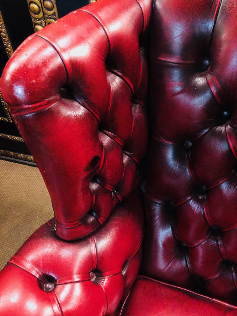 Vintage Bordeau Leather Chesterfield Tufted Wingback TwoSeat Sofa For