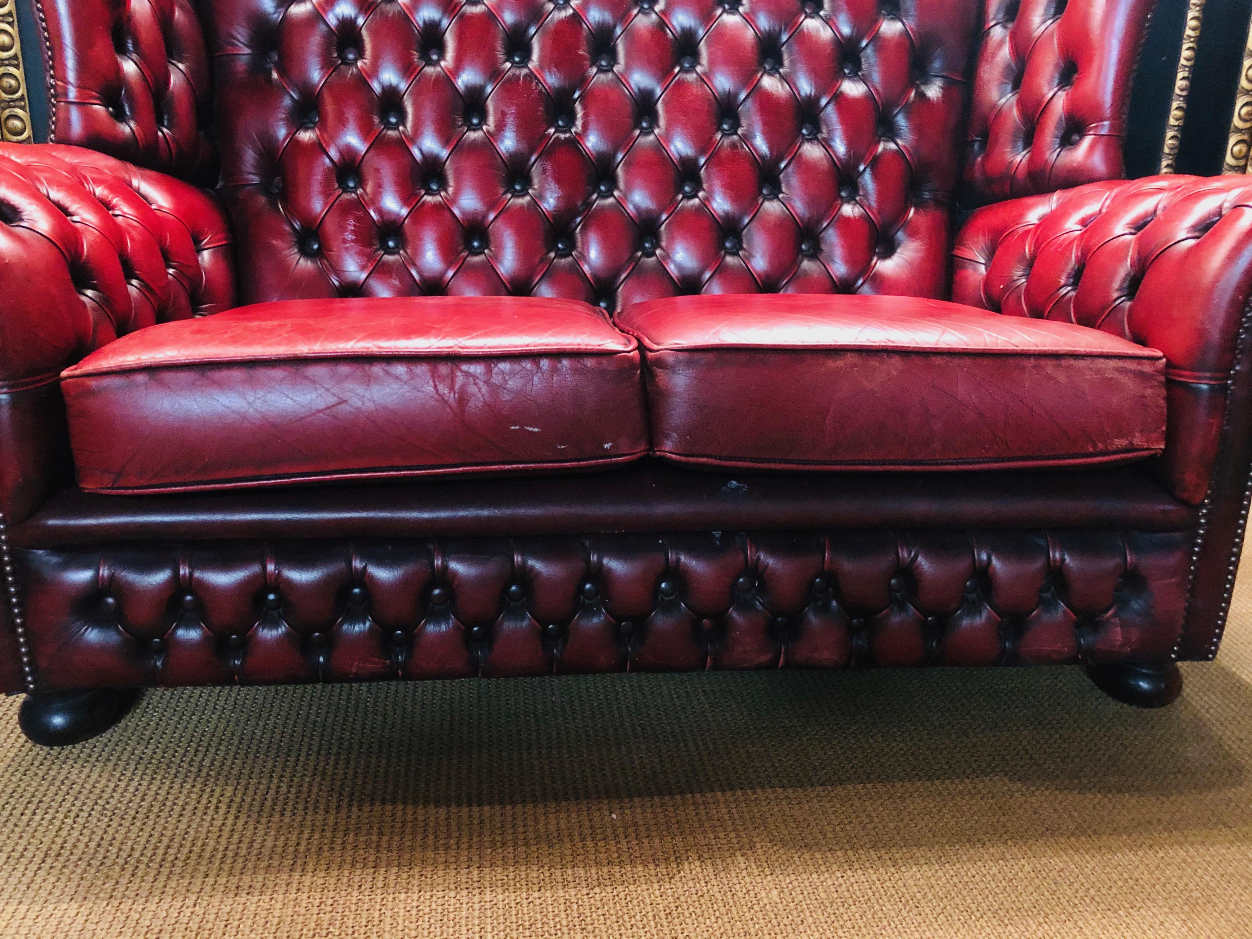 Vintage Bordeau Leather Chesterfield Tufted Wingback Two-Seat Sofa 4
