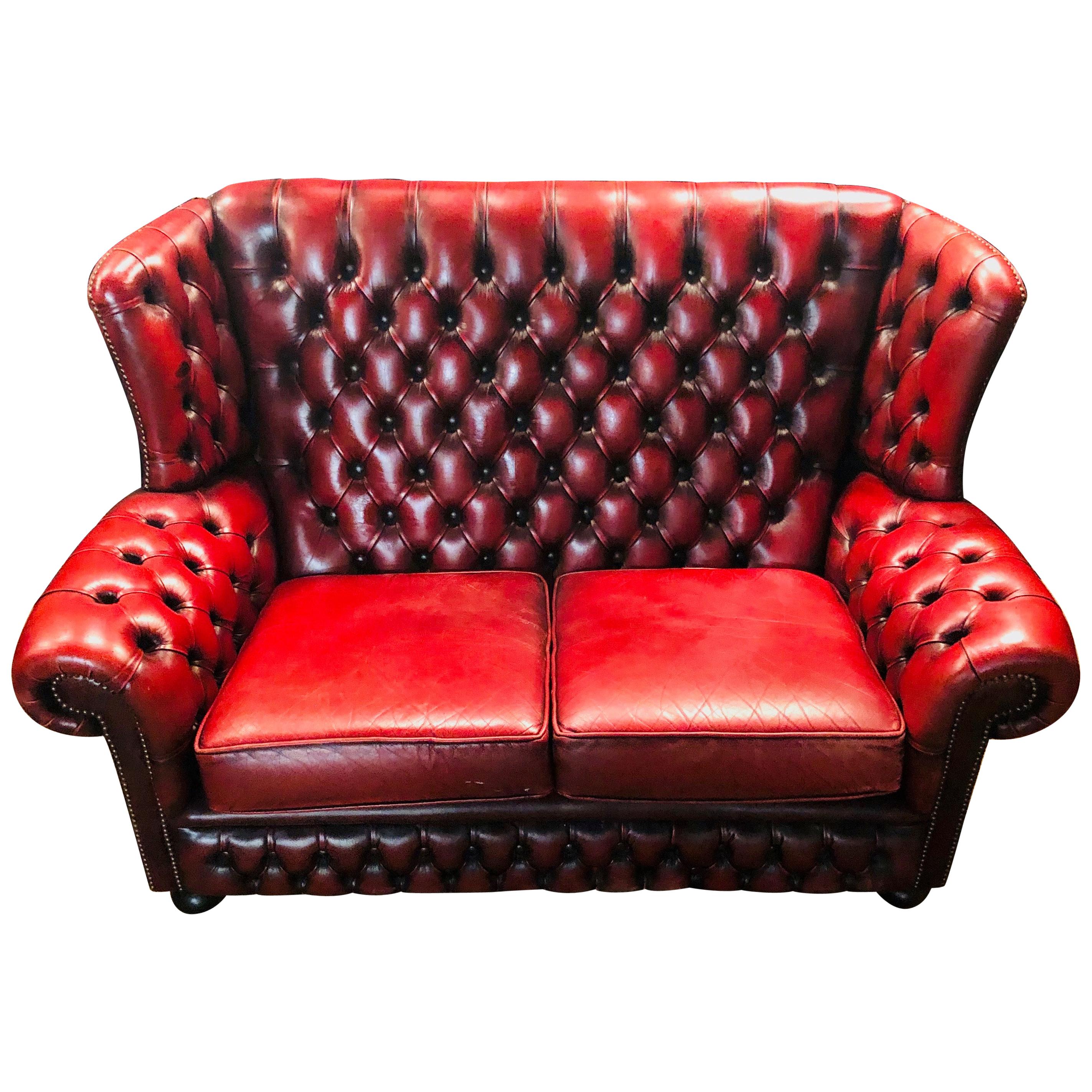 Vintage Bordeau Leather Chesterfield Tufted Wingback Two-Seat Sofa